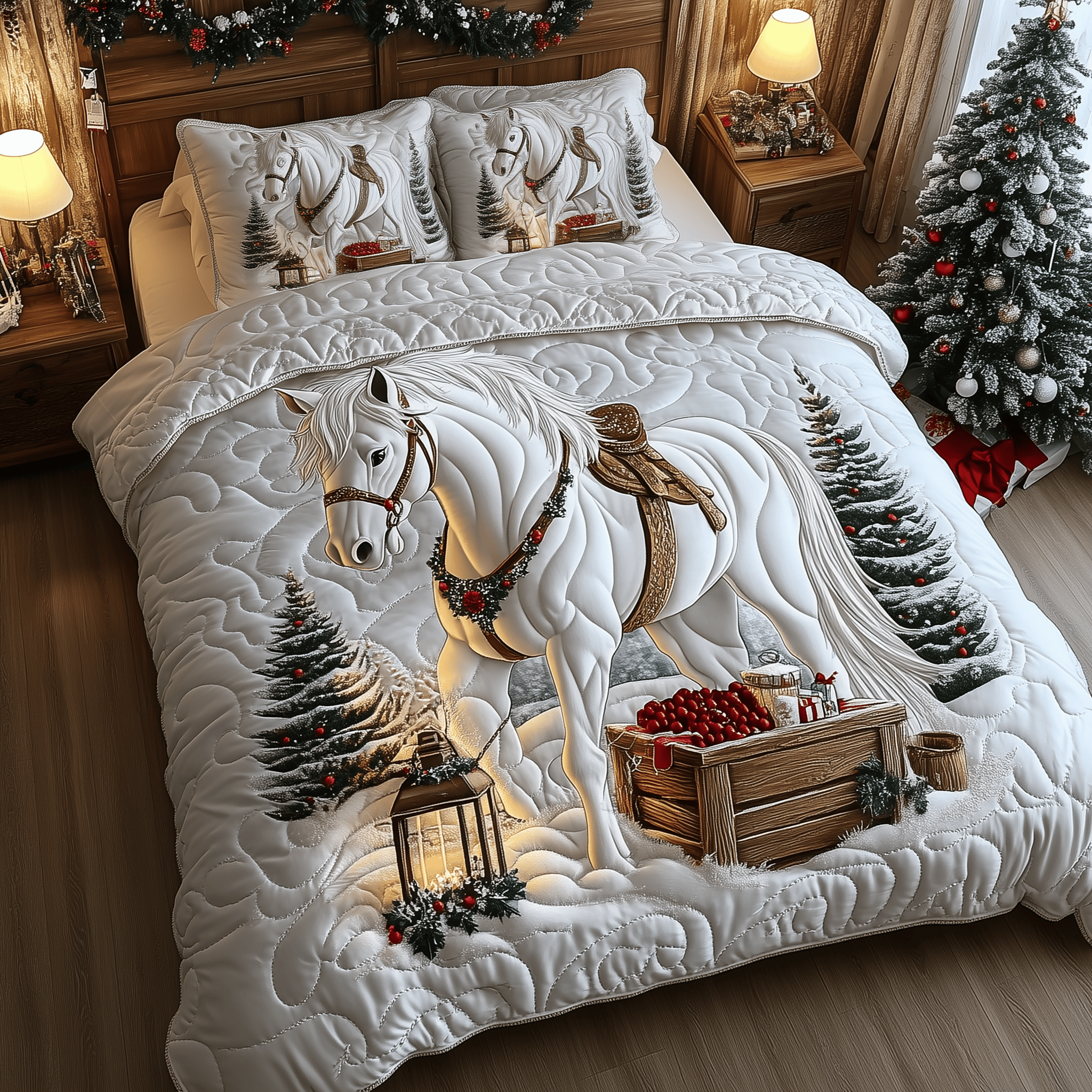 White Horse in Snowland Quilted Bedding Set Unique Gifts For Horse Lovers