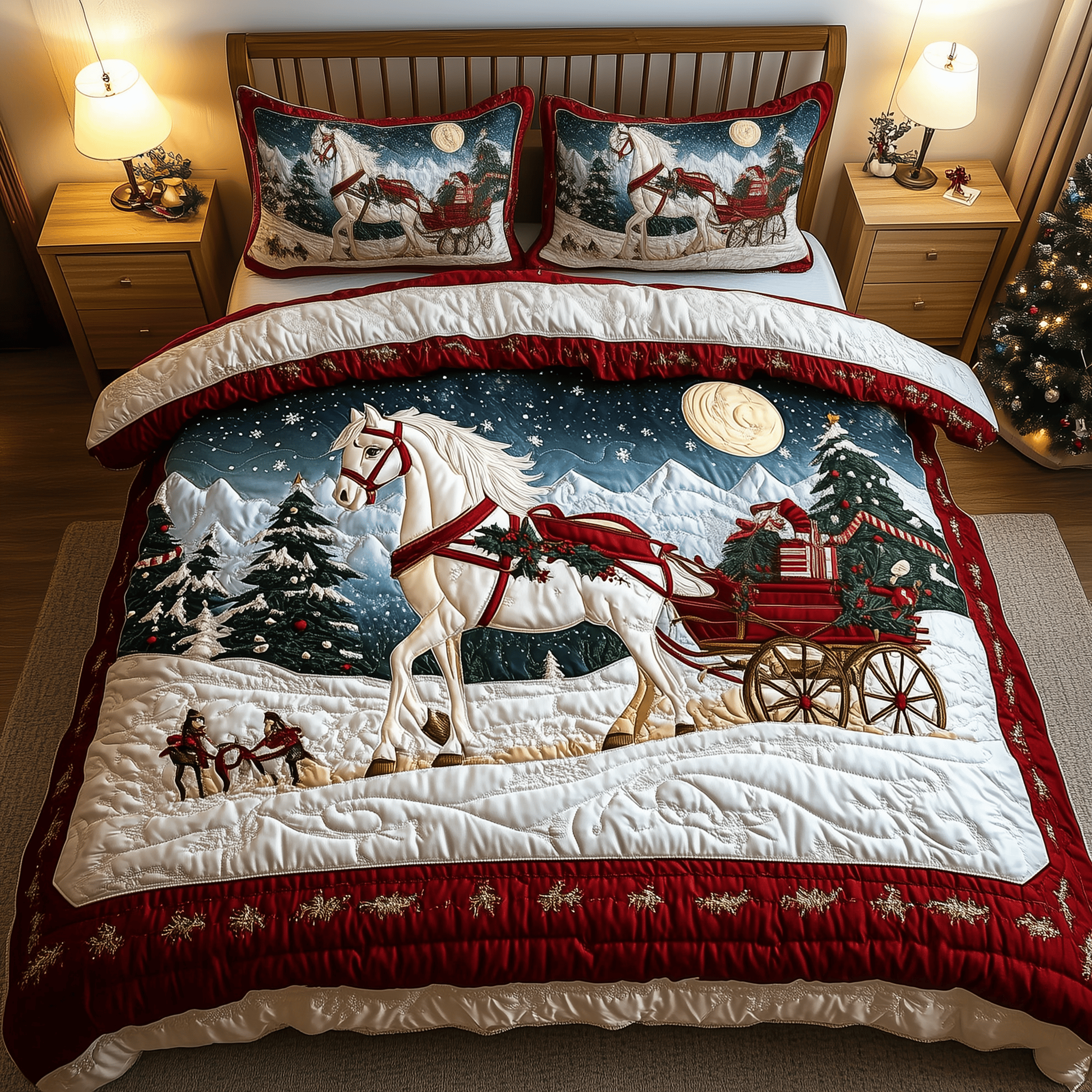 White Horse in Snowland Quilted Bedding Set Unique Horse Gifts For Ladies