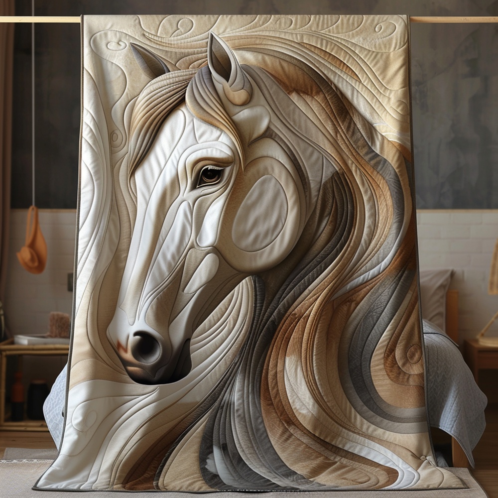 White Horse Portrait Quilted Blanket Elegant Equestrian Patchwork Art Throw Best Gift For Horse Fans