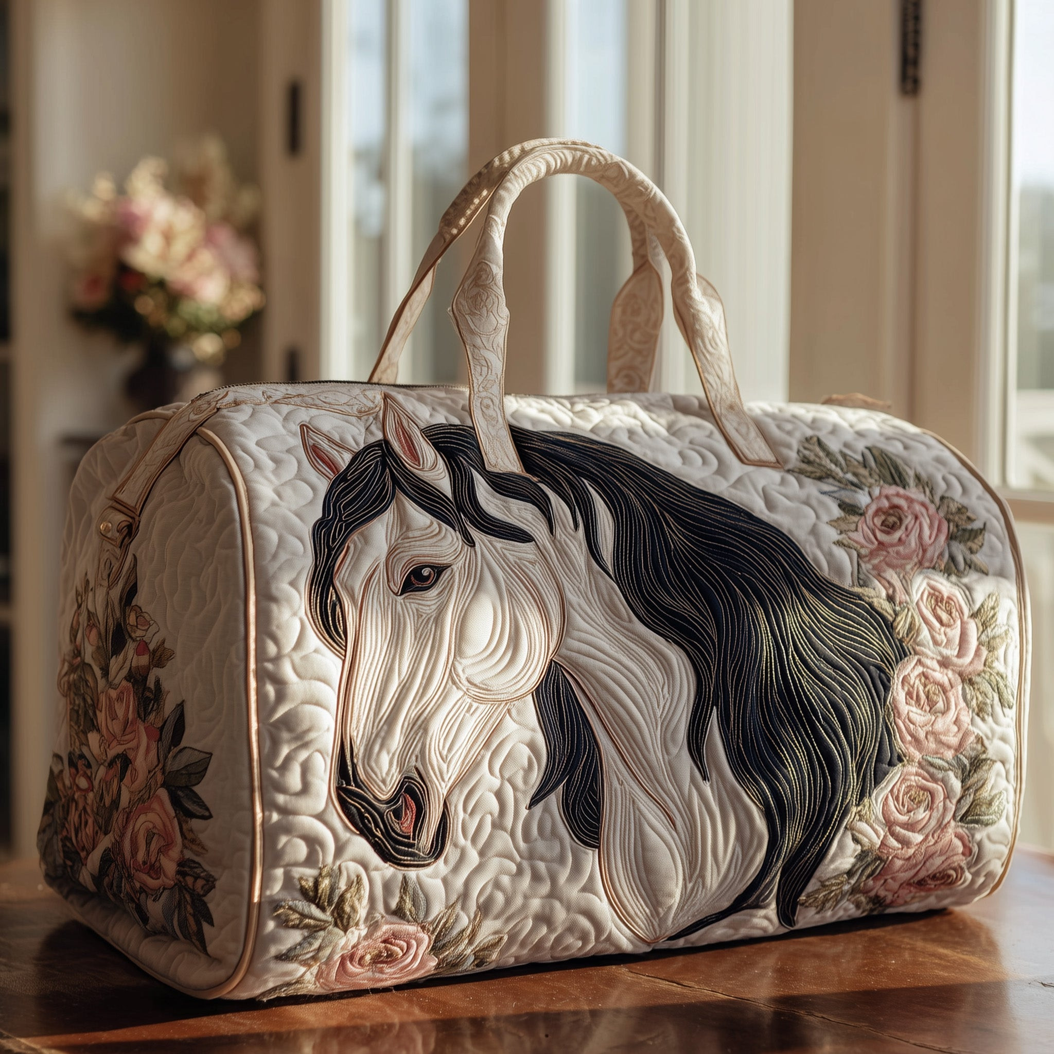 White Horse Rose Quilted Duffle Bag Elegant Equestrian Floral Best Gift For Horse Lovers