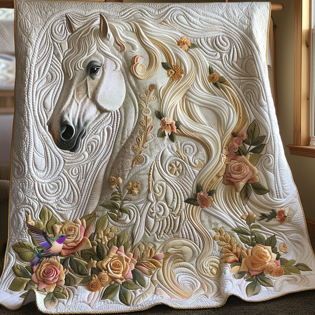 White Horse Roses Harmony Quilt Blanket Christmas Blanket Christmas Gifts For Horse Lovers