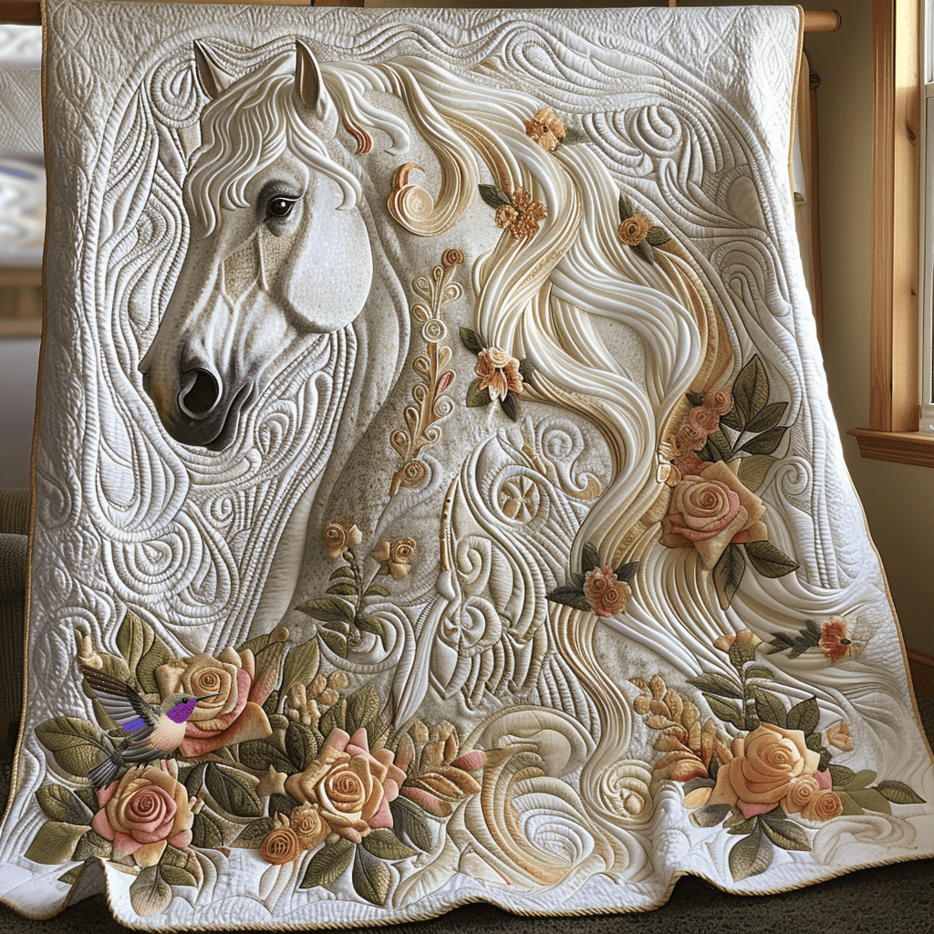 White Horse Roses Harmony Quilt Blanket Large Sofa Throws Birthday Presents For Mum