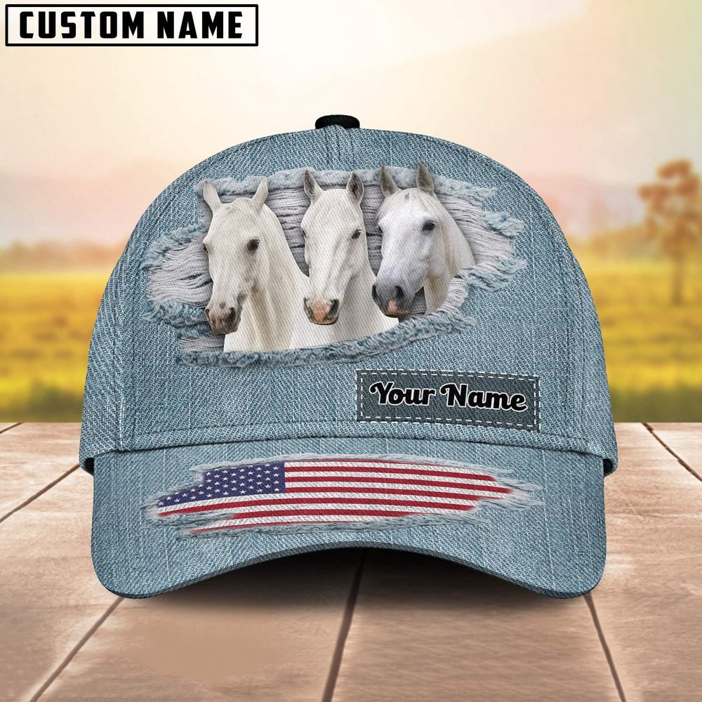 White Horses Jeans Pattern Customized Name Cap Farm Cap Farmer Baseball Cap Gift For Farmer