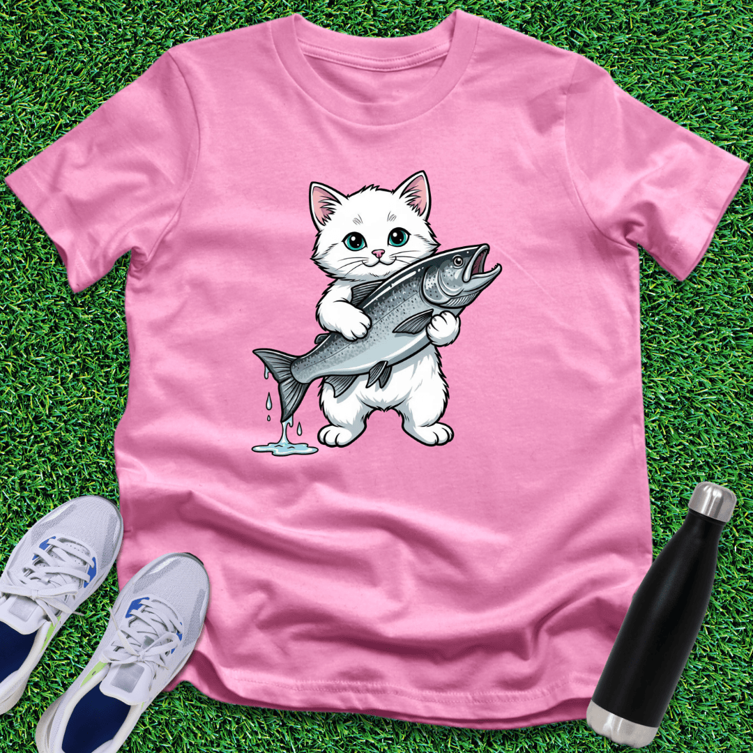 White Kitty Catches Big Fish T-Shirt Lovely Kitty Is On The Hunt Shirt Unique Gift Ideas
