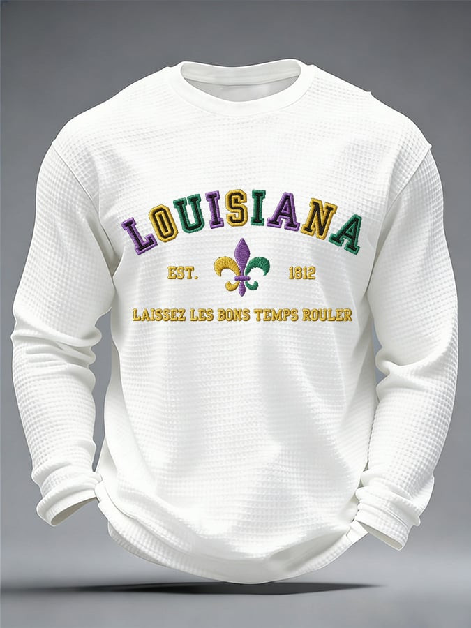 White Louisiana Mardi Gras Waffle Long Sleeve Shirt Mardi Gras Apparel For Men