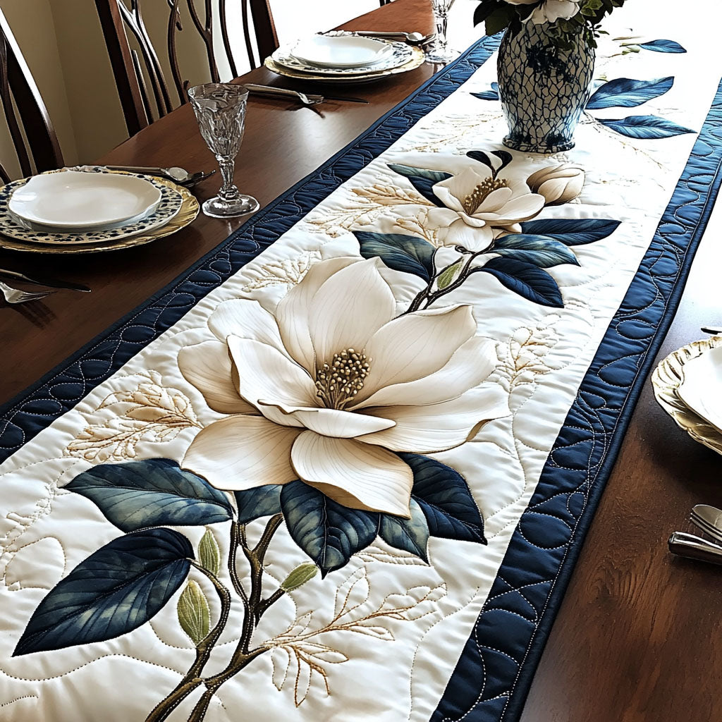 White Magnolia Bliss Quilted Table Runner Dinner Table Decor Christmas Gifts For Flower Lovers