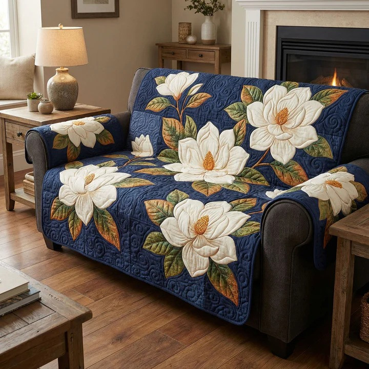White Magnolia Day Quilted Sofa Cover Floral Elegant Furniture Protector Best Gift For Flower Lovers