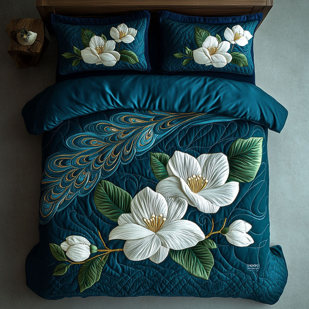 White Magnolia Quilt Bedding Set Full Size Sheets Elegant Holiday Gift for Women