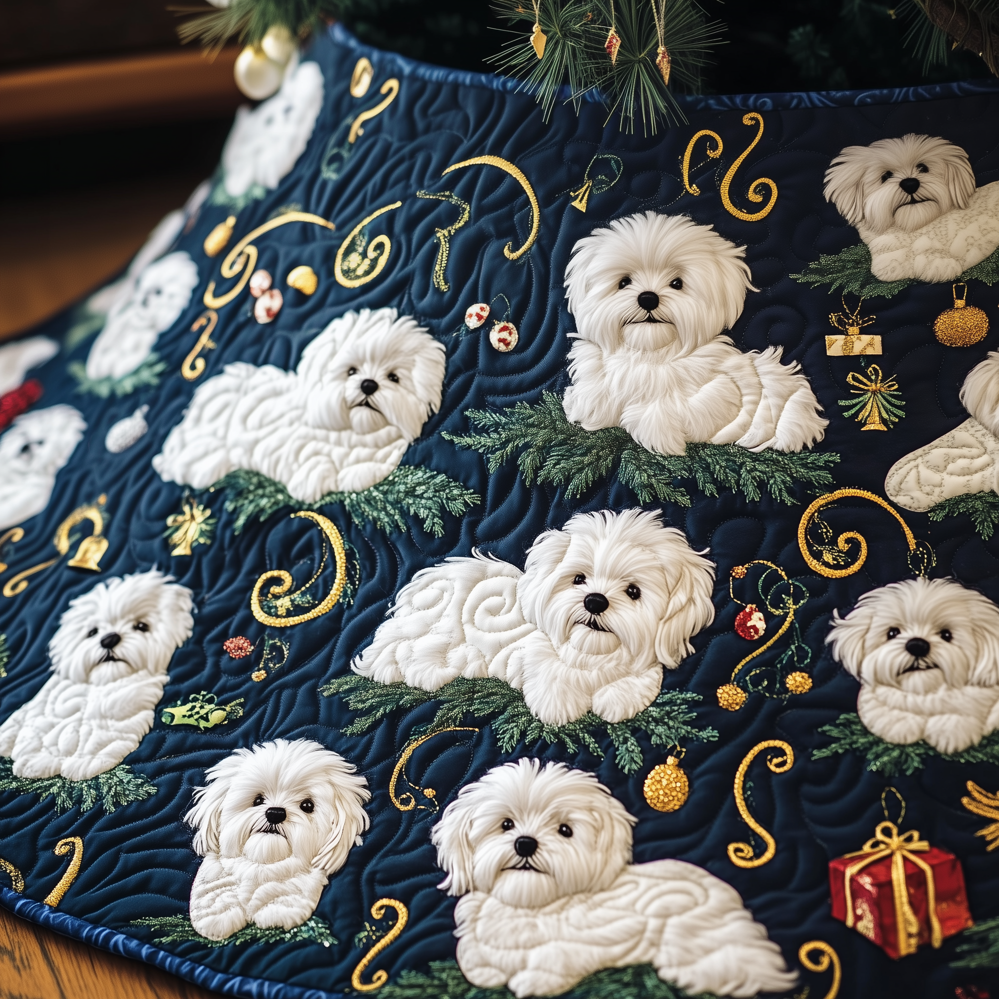 White Maltese Christmas Tree Skirt Quilted Dog Lover Holiday Decoration Gift Idea