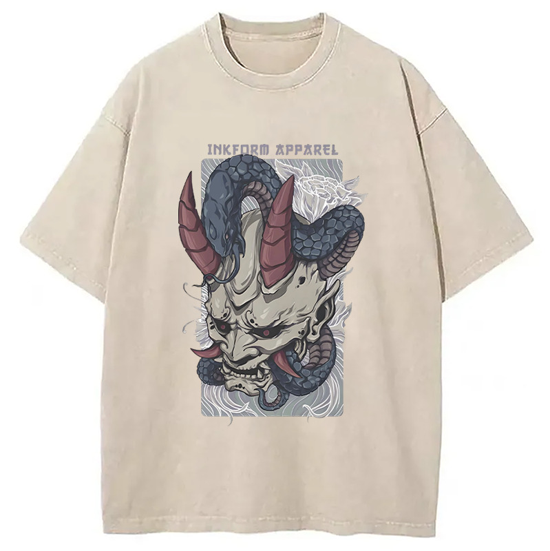 White Oni Mask with Snake Washed T-Shirt Cool Graphic Tee For Men Women Gifts For Friends