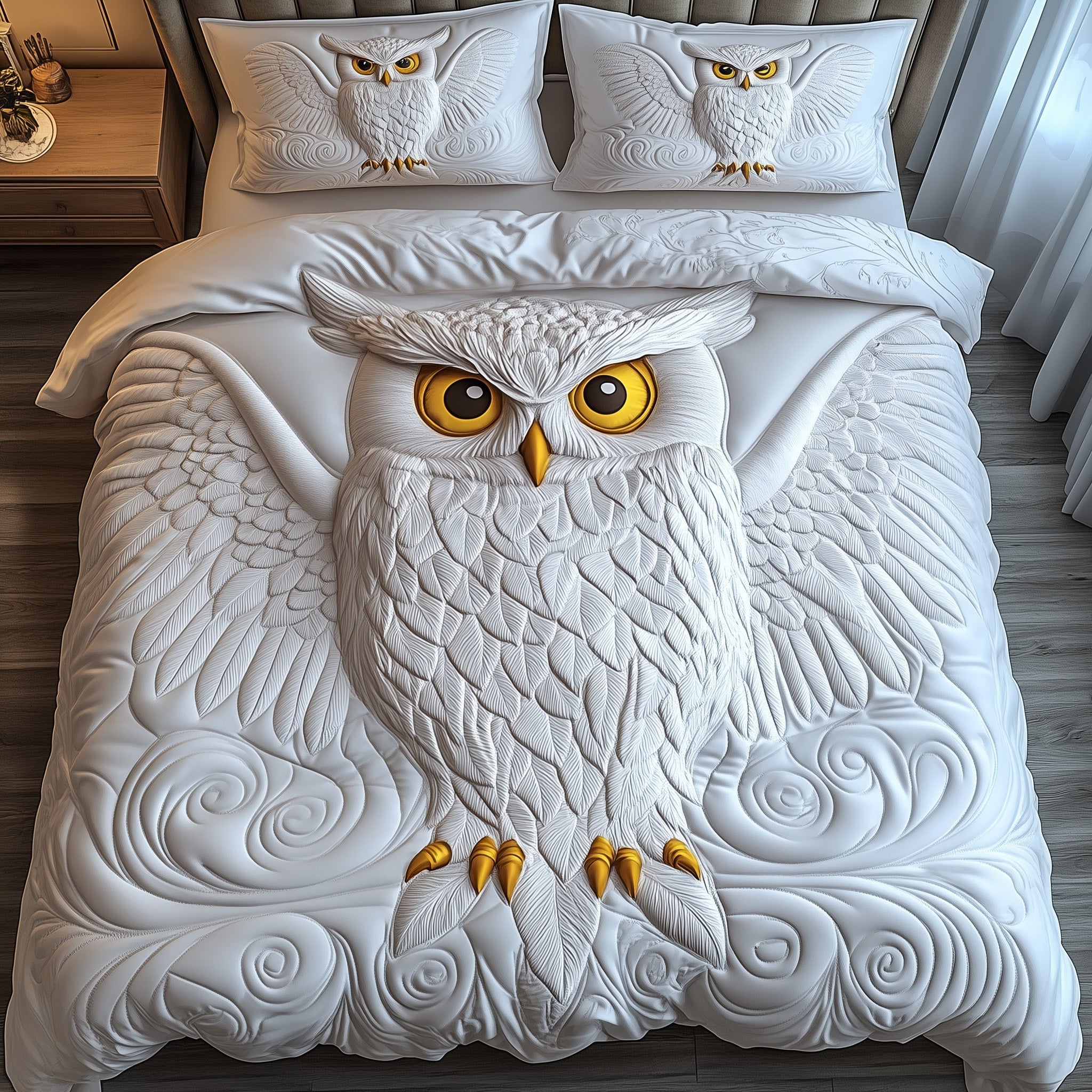White Owl Quilted Bedding Set Classic Style