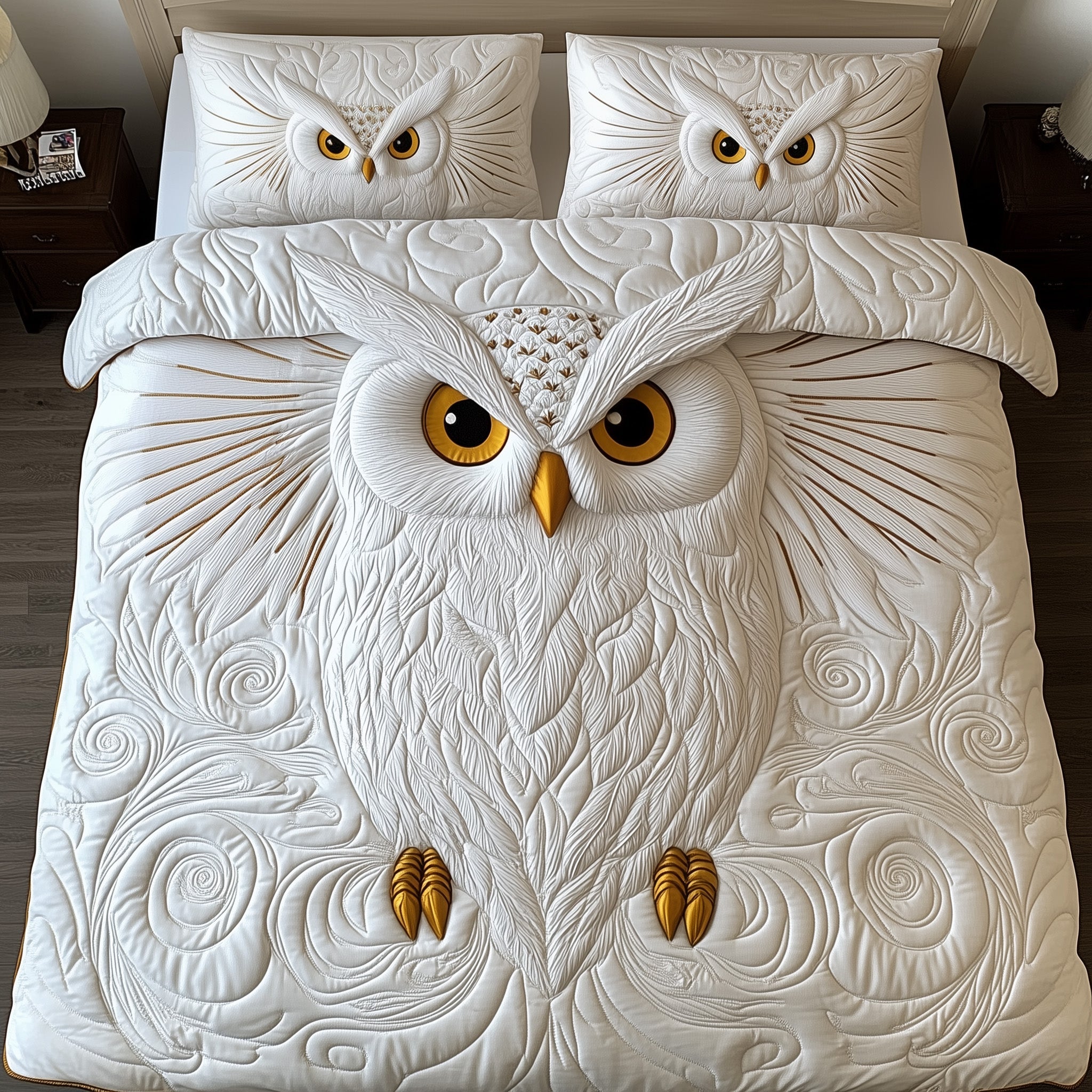 White Owl Quilted Bedding Set Farmhouse Style