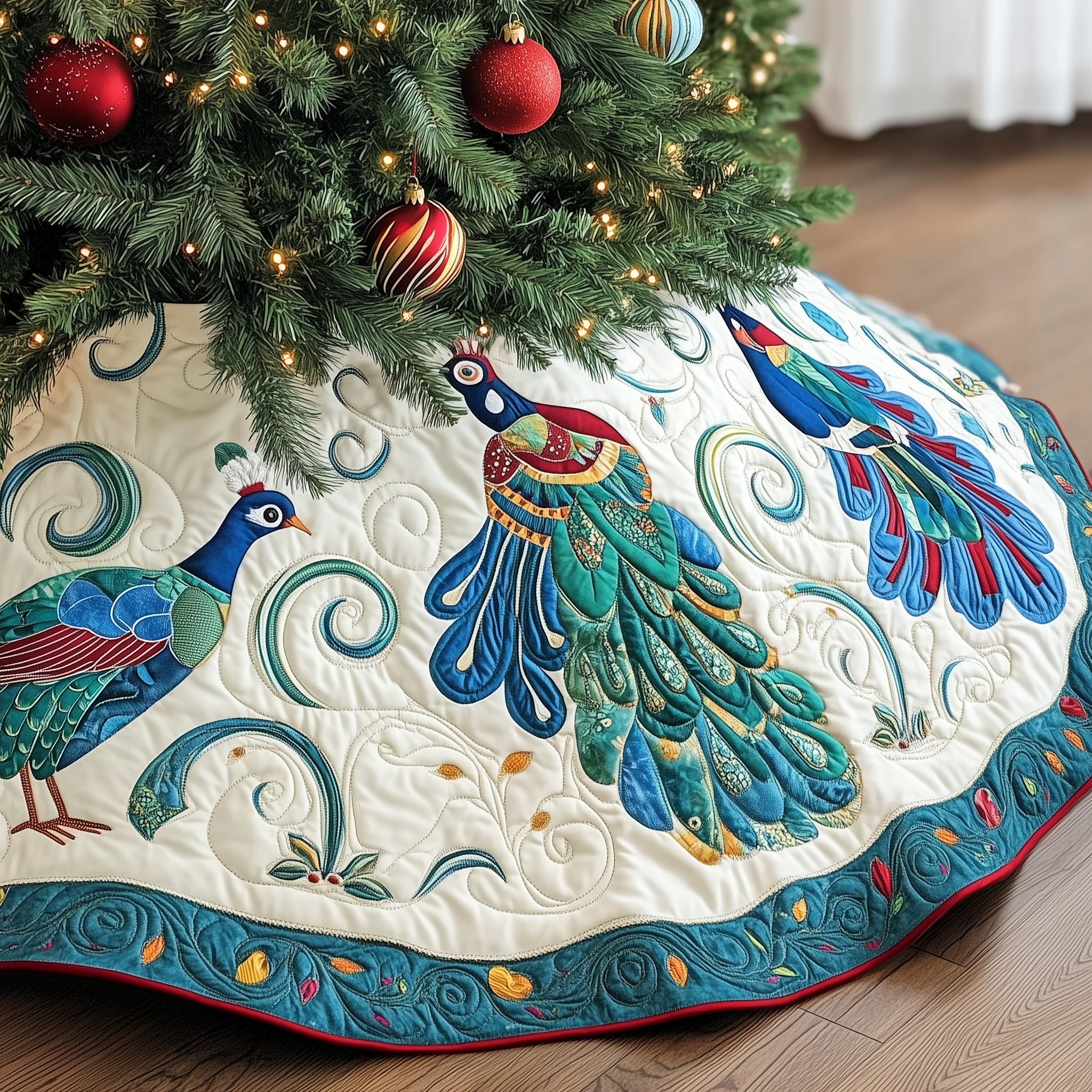 White Peacock Christmas Tree Skirt Quilted Handmade Holiday Gift with Colorful Feather Embroidery