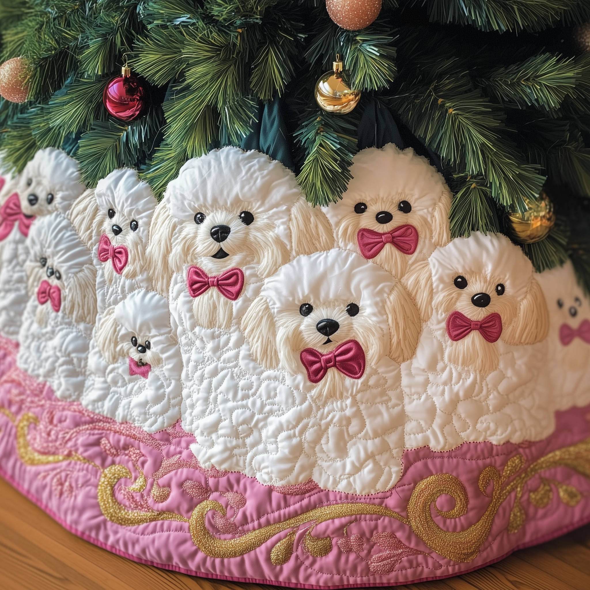 White Puppy Maltese Christmas Tree Skirt Quilted Holiday Dog Lover Gift for Home