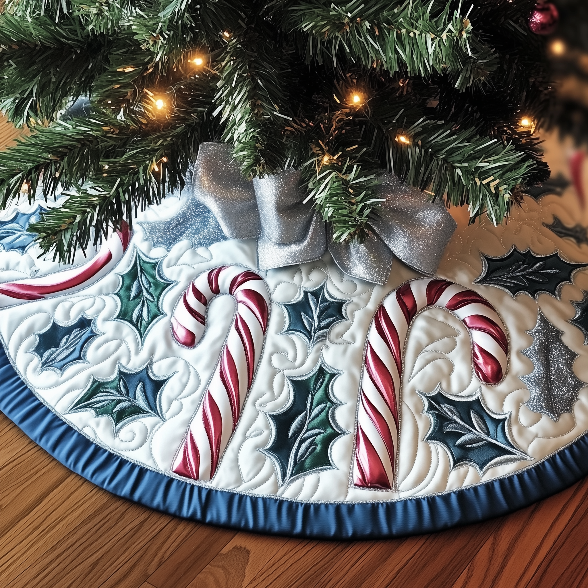 White Quilted Candy Cane Christmas Tree Skirt Handmade Holiday Decoration Gift Idea