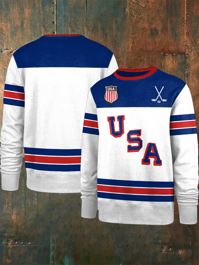 White Retro USA 2026 Ice Hockey Sweatshirt Game Day Apparel Gift Ideas For Hockey Lovers
