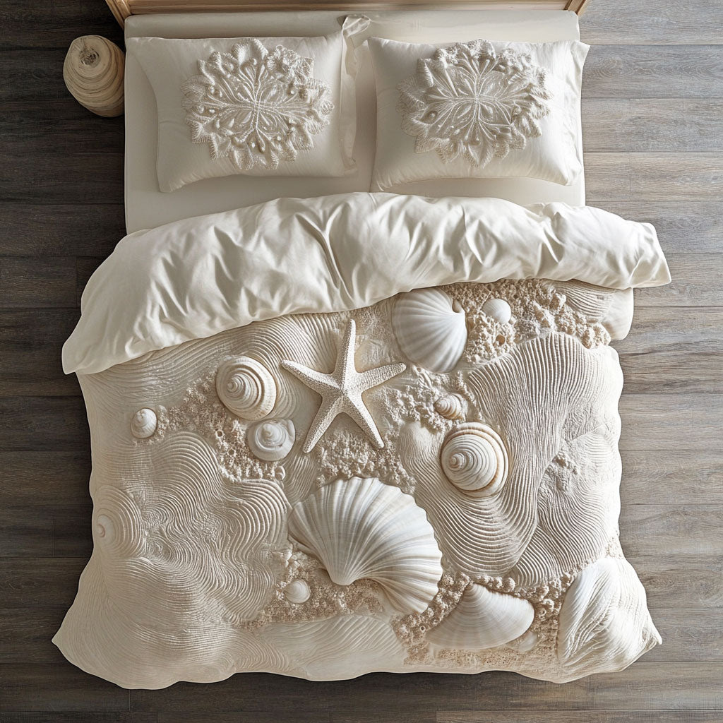 White Sandy Shores Quilt Bedding Set Twin Duvet Covers Coastal Gift for Ocean Lovers