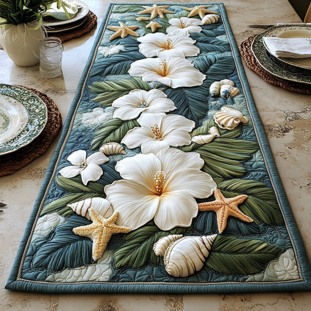 White Serenity Quilted Table Runner Floral Table Cover Family Gift Ideas