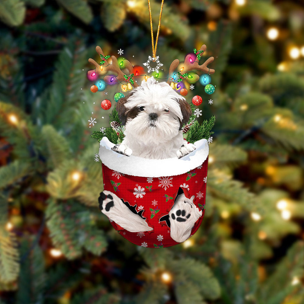 White Shih Tzu In Snow Pocket Christmas Dog Flat Acrylic Ornament Gift For Dogs Lovers