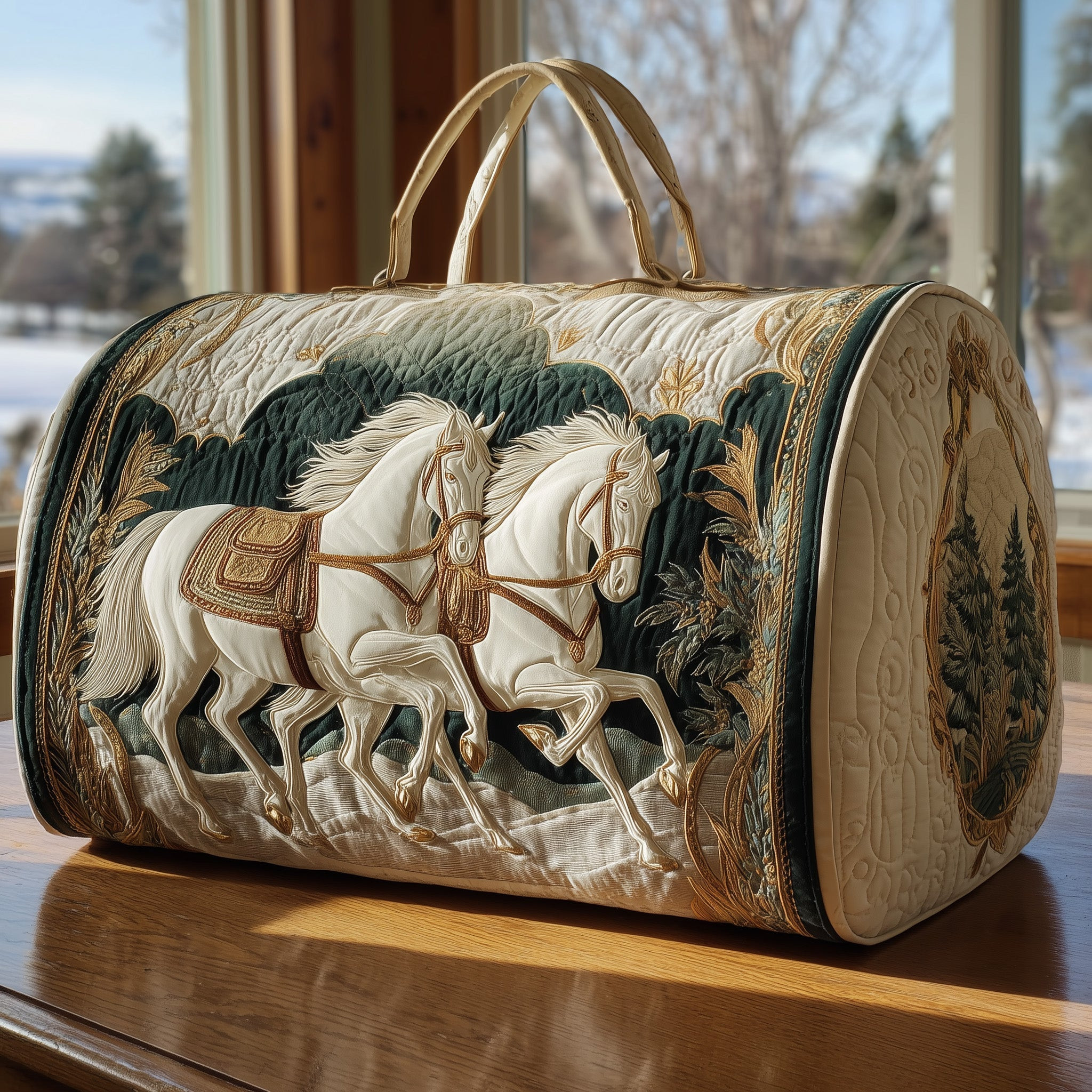 White Stallion Quilted Duffle Bag Regal Gold Forest Equestrian Best Gift For Horse Lovers