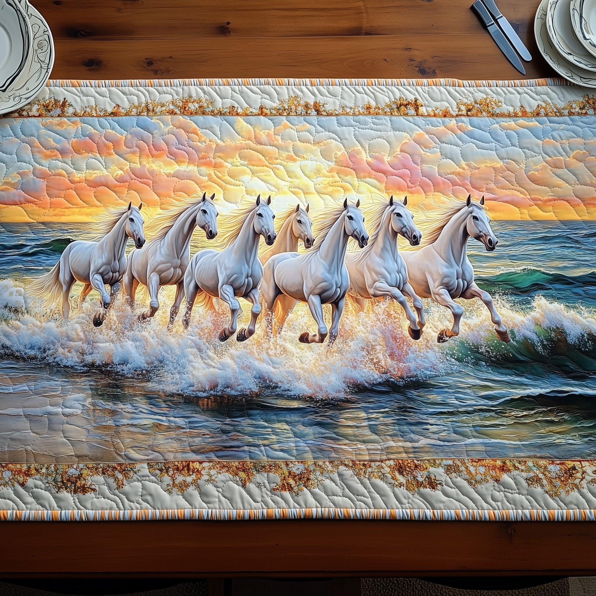 White Stallions At Sunrise Quilted Table Runner Festive Table Runner for Dining Table