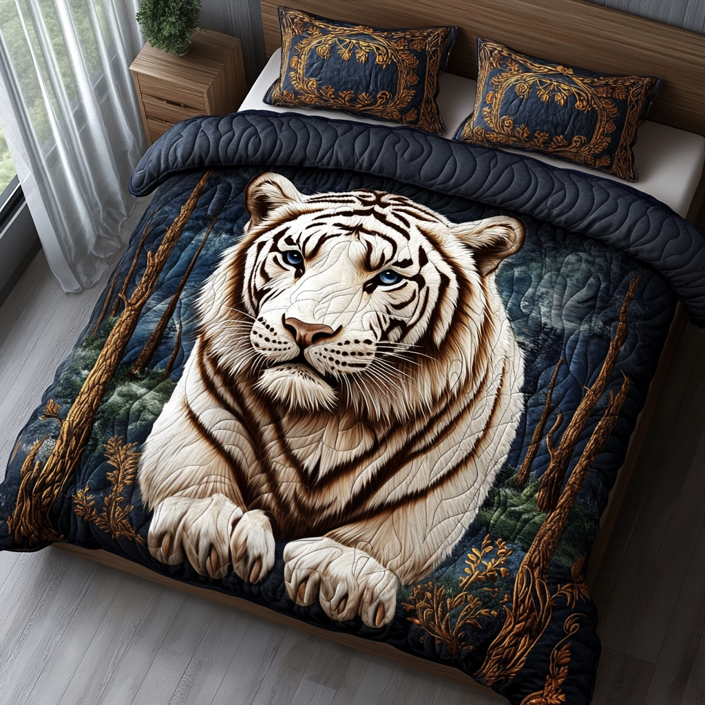 White Tiger Charm Quilted Bedding Set Cozy Comforter Set for Winter Warmth