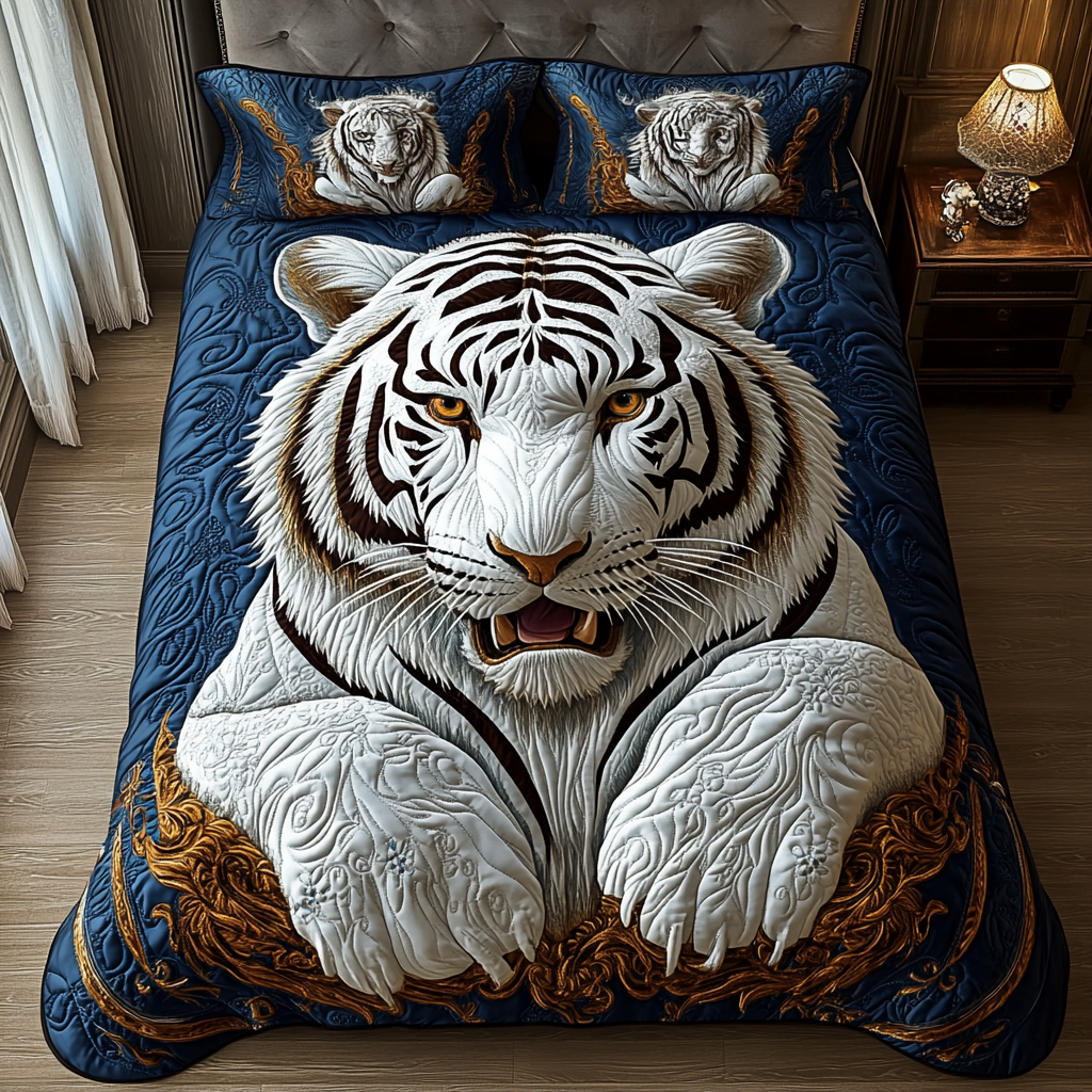 White Tiger Forest Quilted Bedding Set Soft Bed Sheet and Pillowcase Set for Relaxing Nights