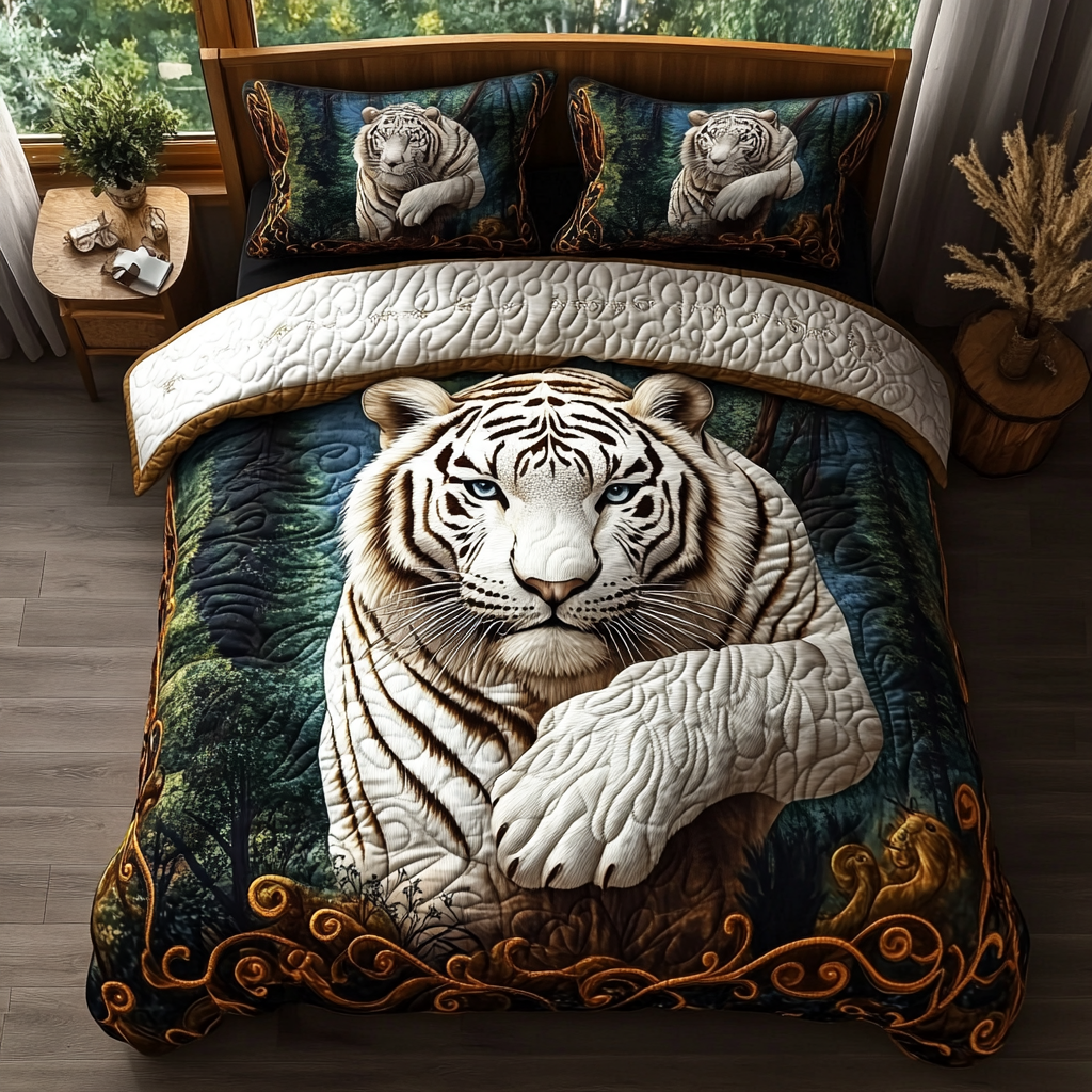 White Tiger Quilted Bedding Set Unique Bedding Gift for Family Gatherings