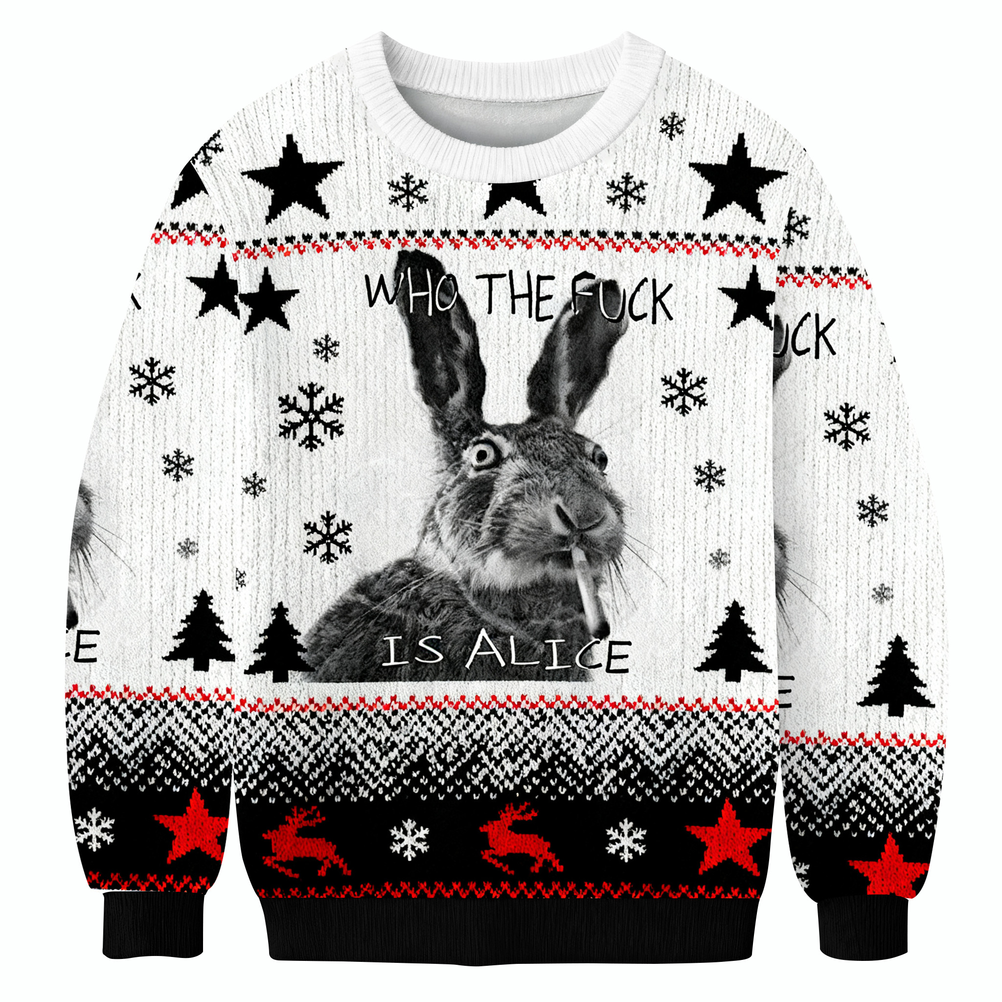 Who The Fuck Is Alice Funny Smoking Rabbit Meme Christmas Ugly Sweater Funny Ugly Sweater