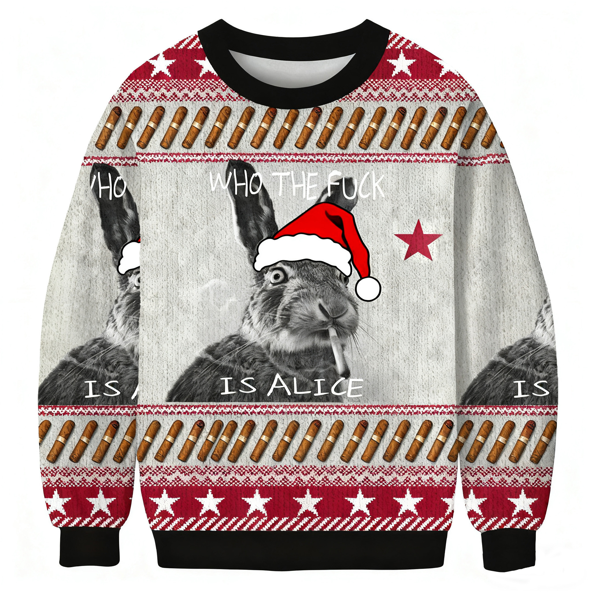 Who The Fuck Is Alice Funny Smoking Rabbit Meme Christmas Ugly Sweater Xmas Gifts For Dad