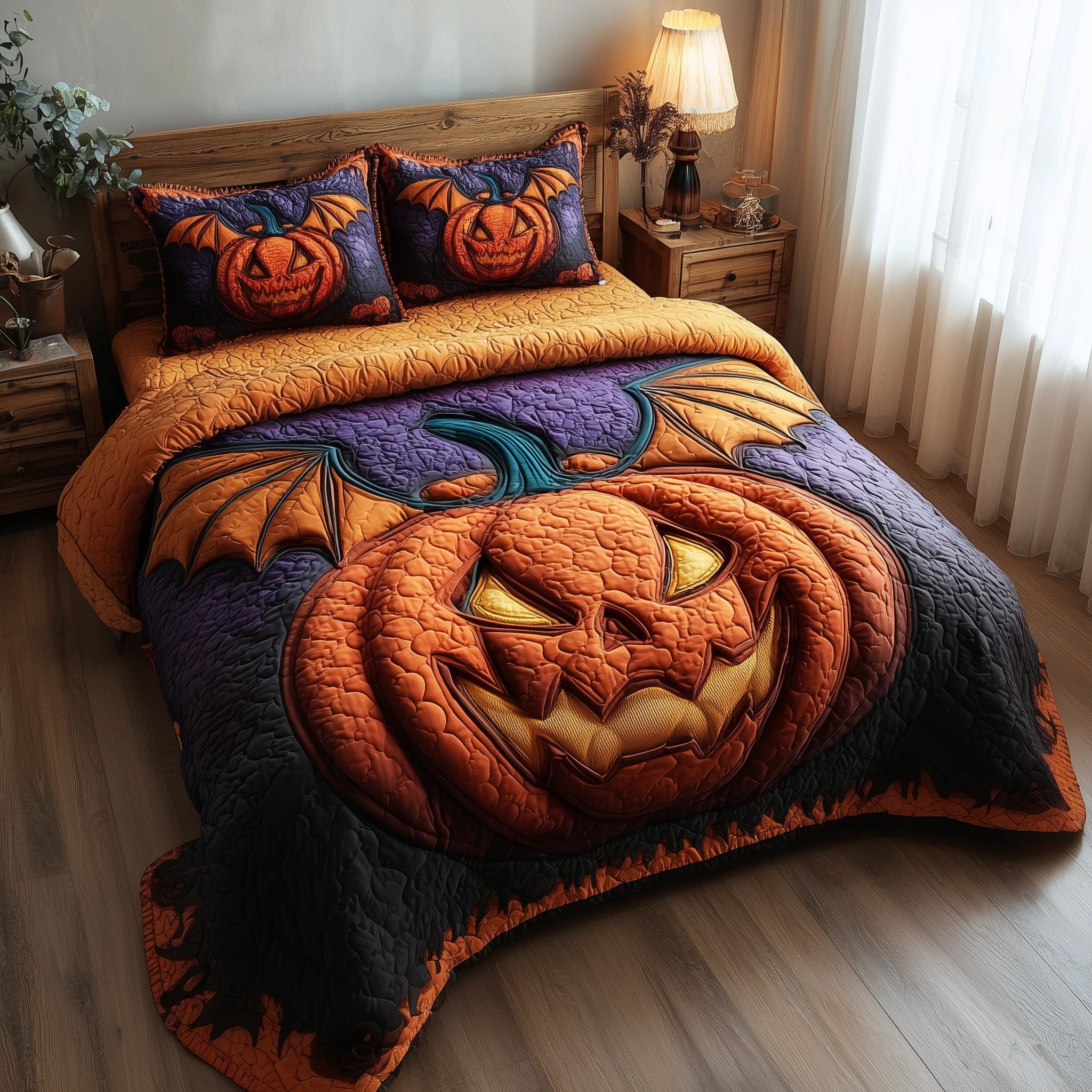 Wicked Pumpkin Glow Quilted Bedding Set Cozy Bedroom