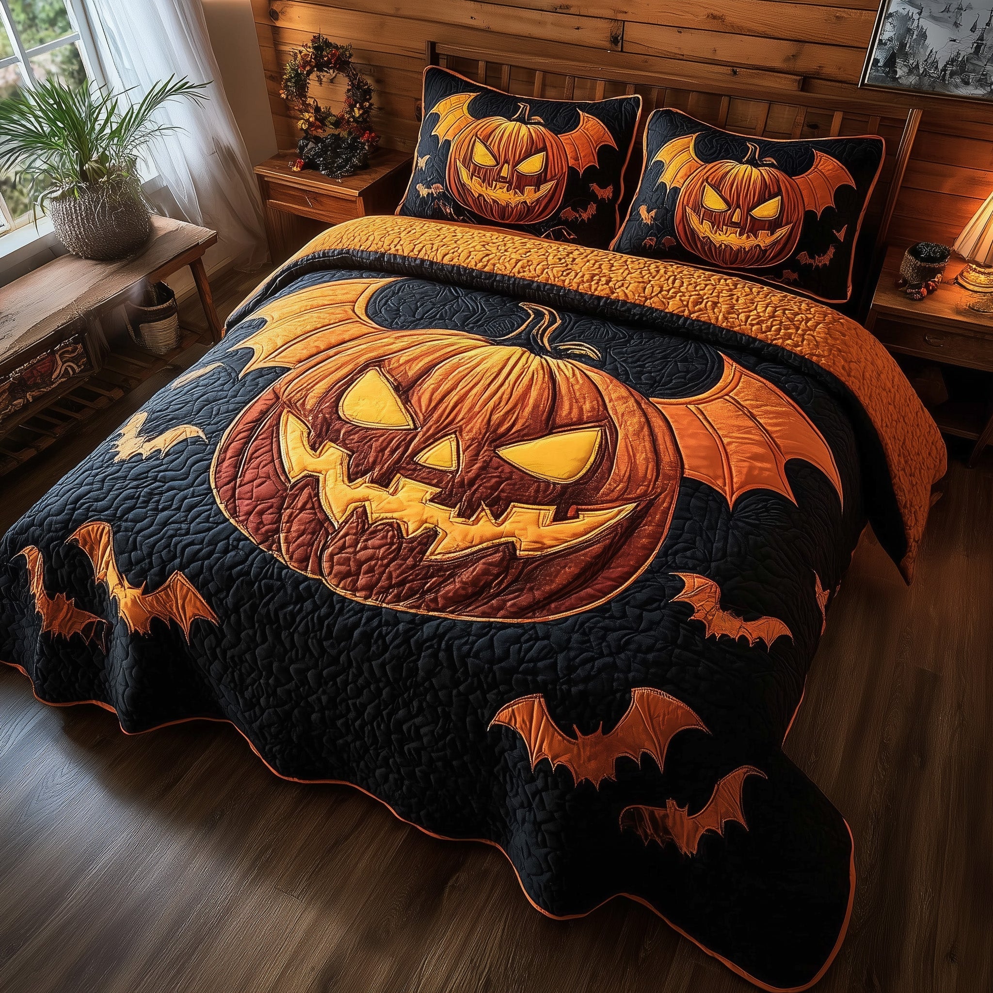 Wicked Pumpkin Glow Quilted Bedding Set For Men