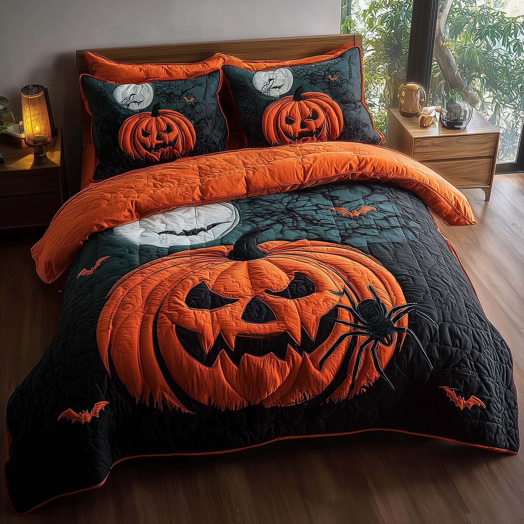 Wicked Pumpkin Glow Quilted Bedding Set Relaxing Sleep
