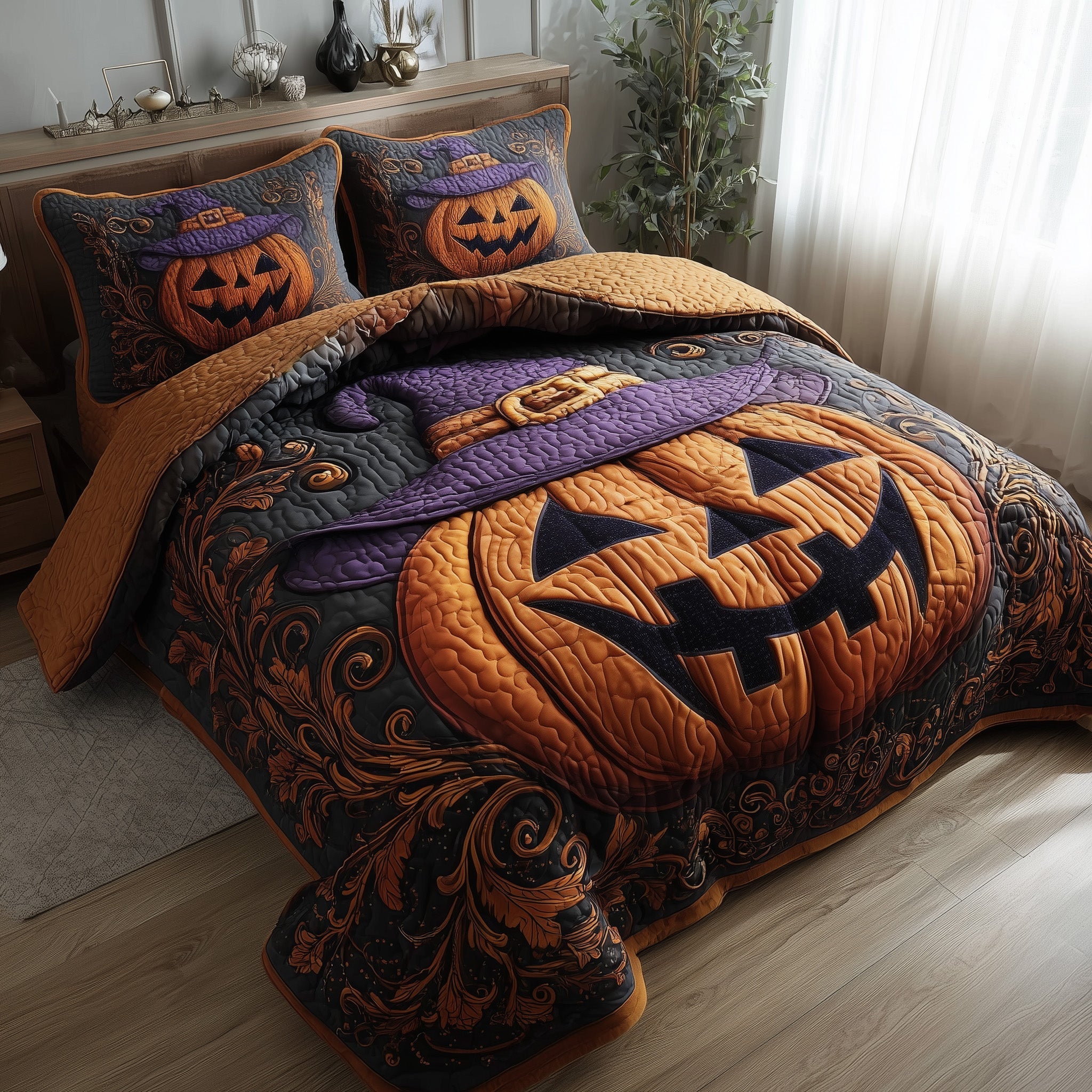 Wicked Pumpkin Glow Quilted Bedding Set Stylish Home Decor