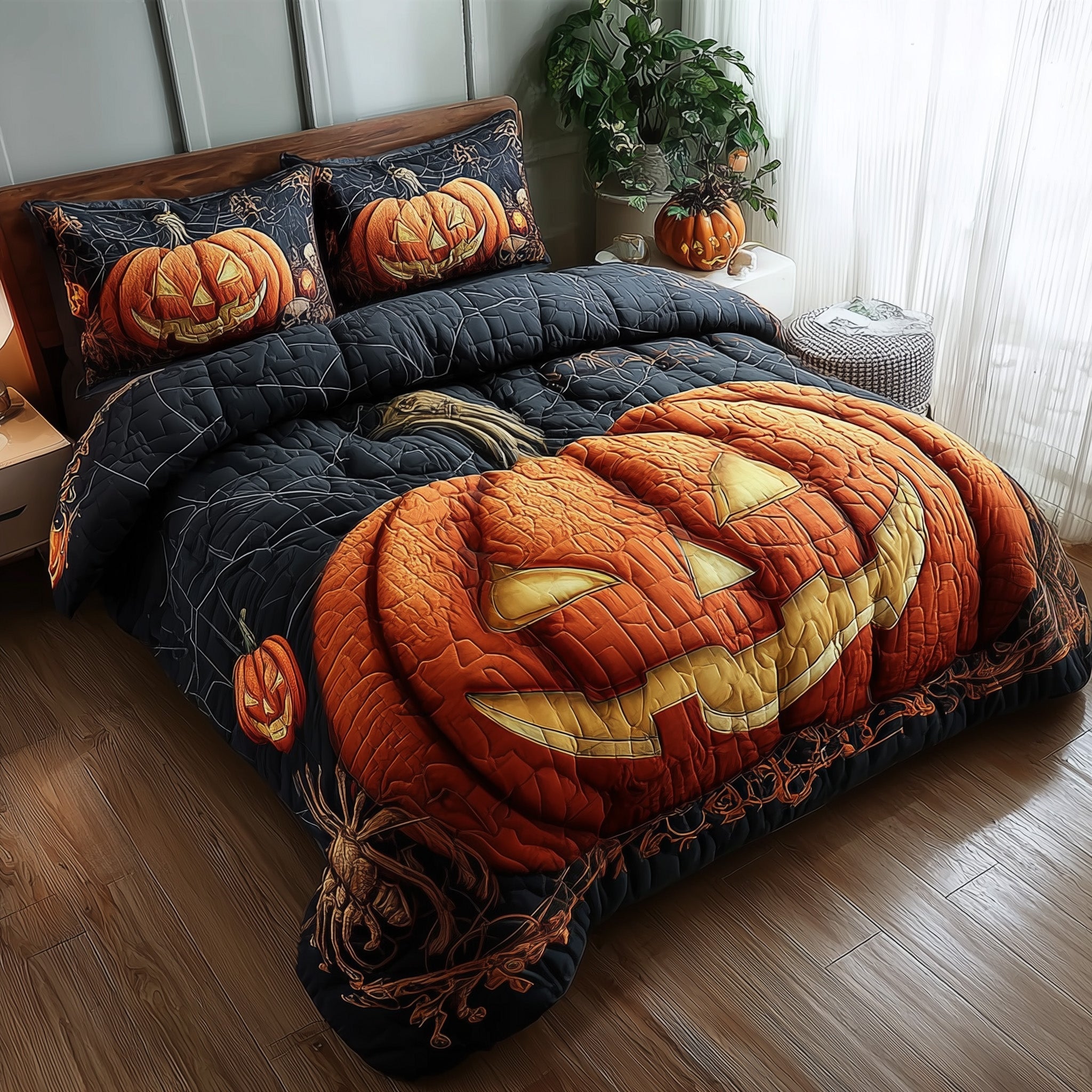 Wicked Pumpkin Glow Quilted Bedding Set Unique Pattern