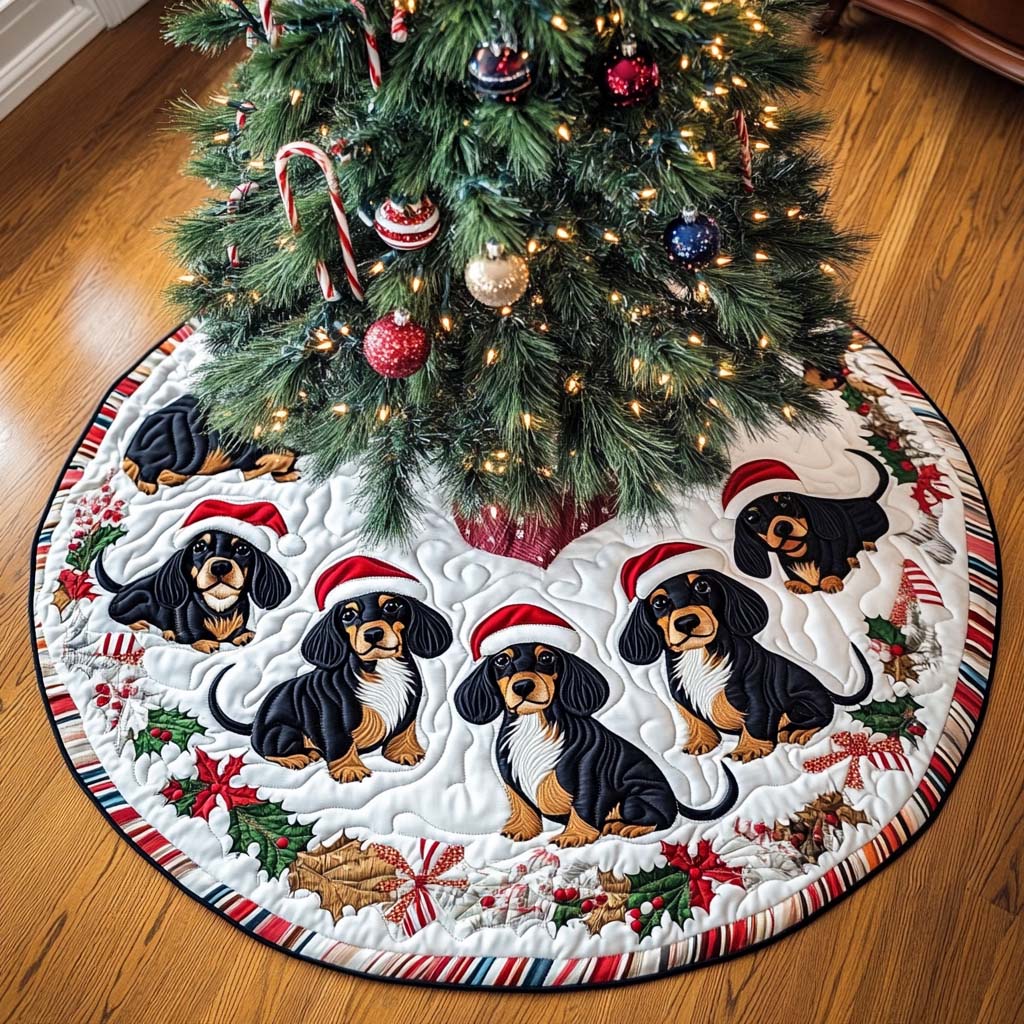 Wiener Whimsy Christmas Quilted Tree Skirt Trending Christmas Tree Skirt Merch 2025