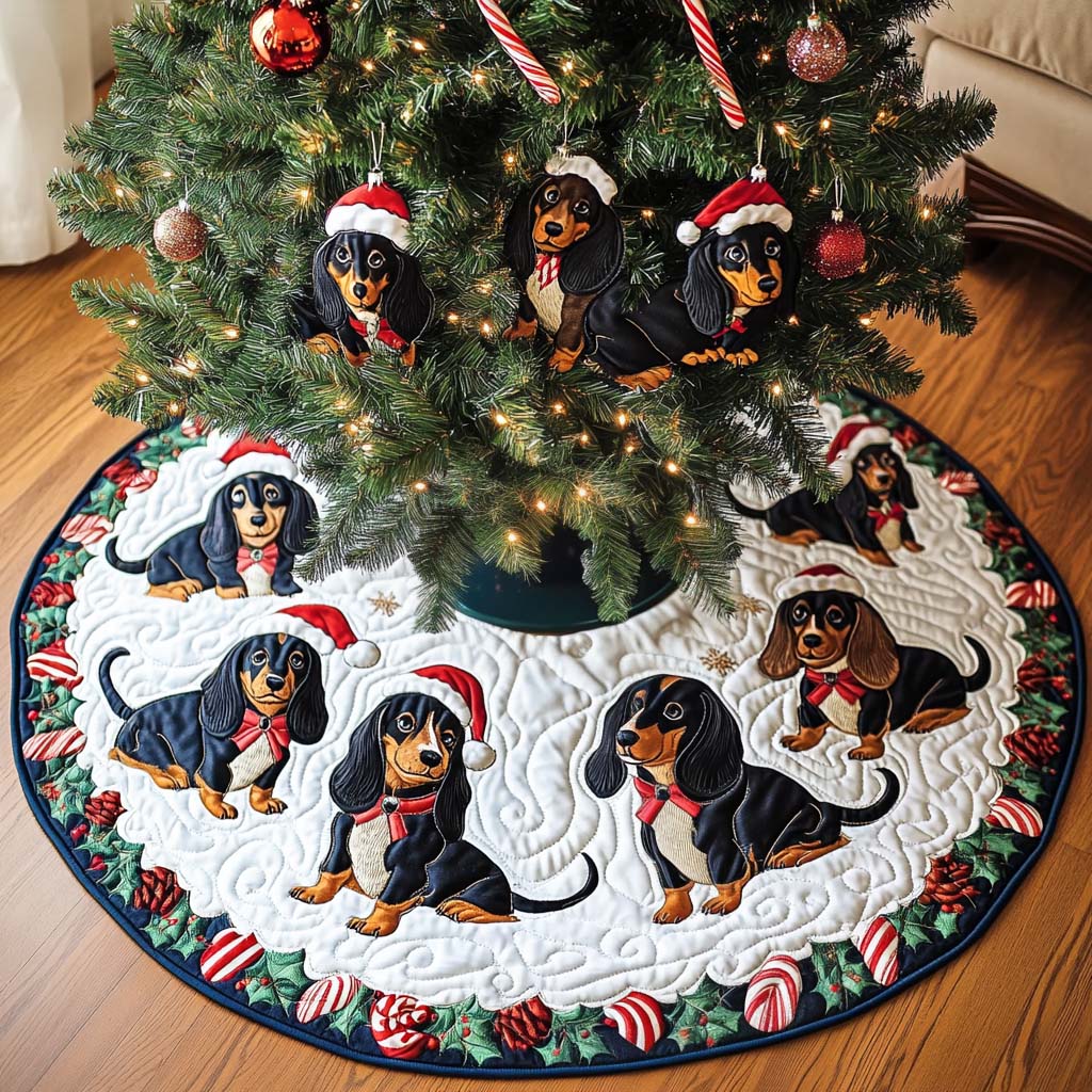 Wiener Wonder Christmas Quilted Tree Skirt Holiday Tree Base Decoration