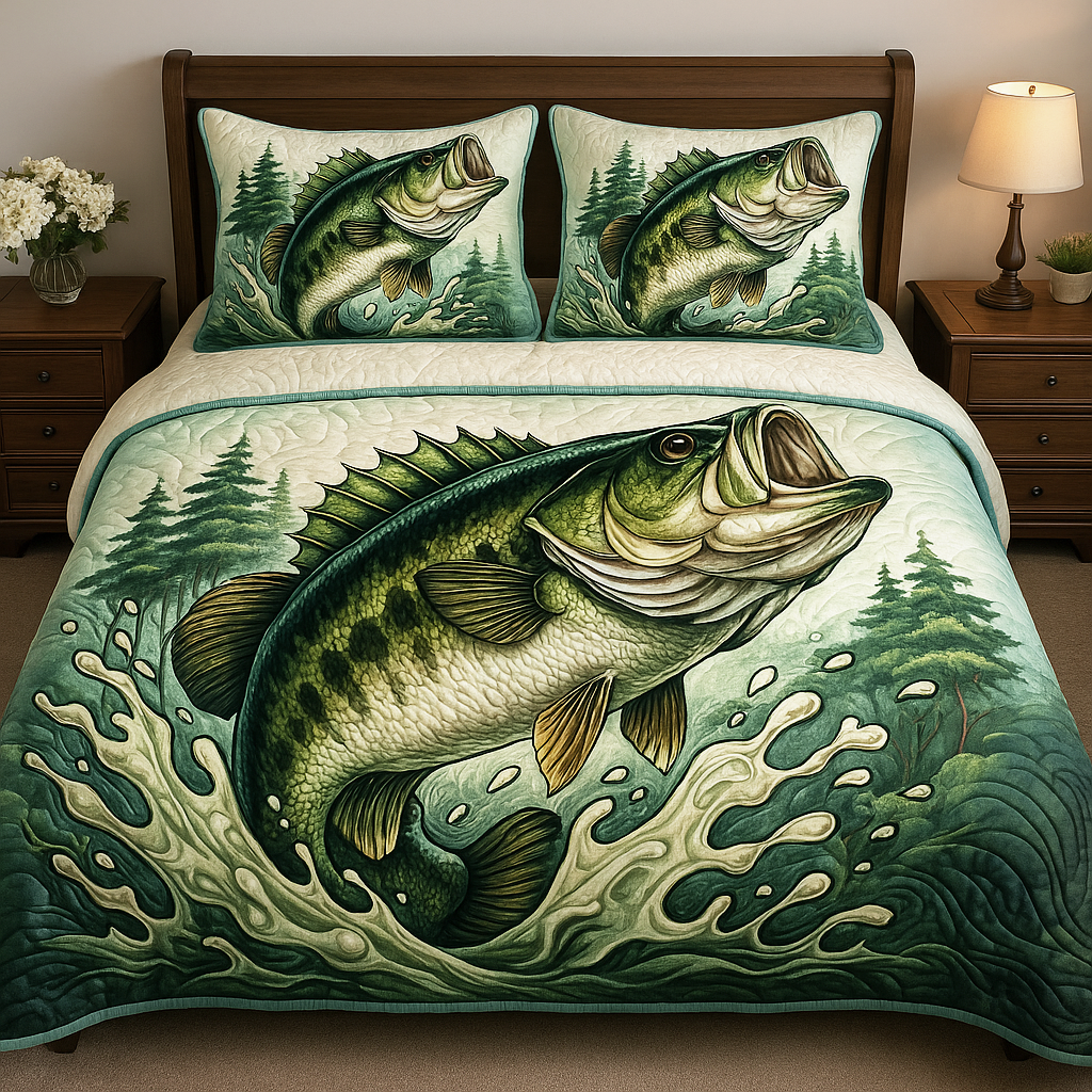 Wild Bass Quilted Bedding Set Bed Decorations Fishing Presents For Him