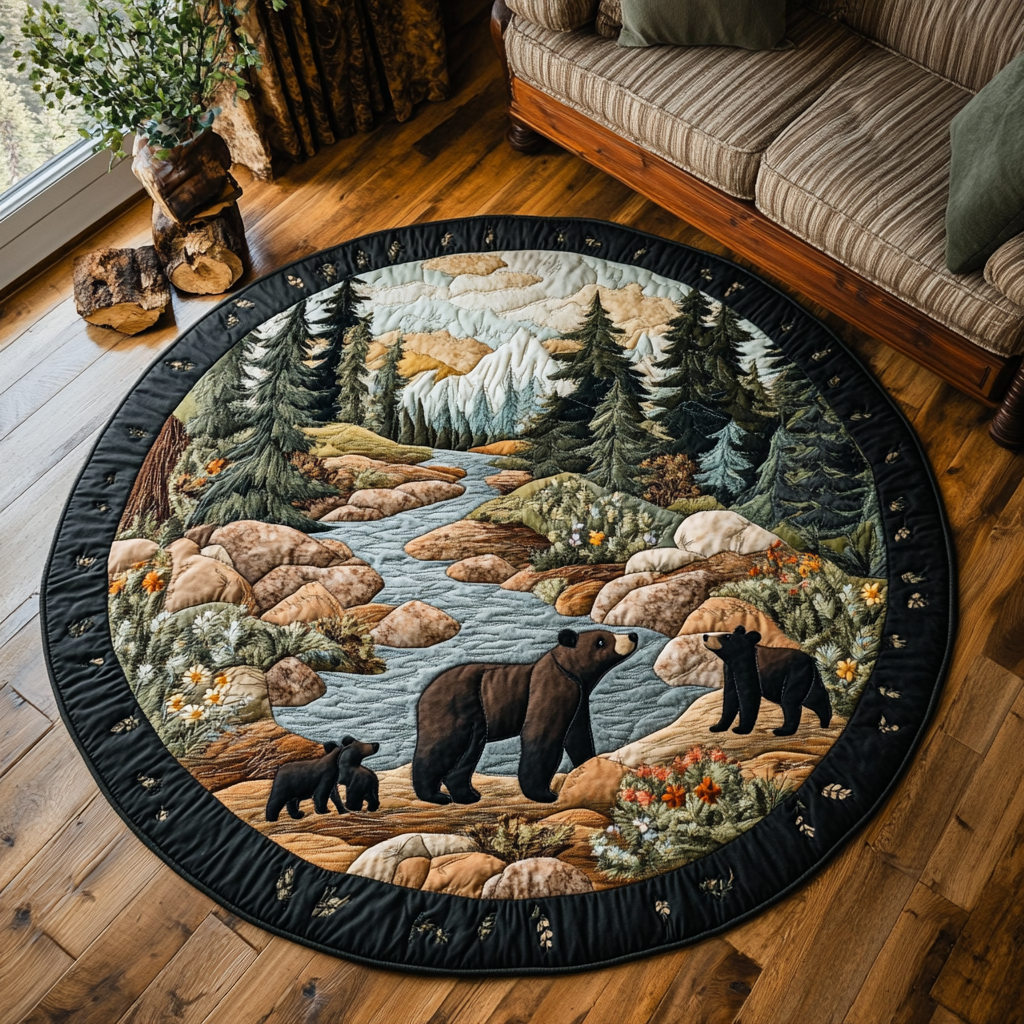 Wild Bear Quilted Round Mat Christmas Entry Way Decor Cute Bear Gift Ideas