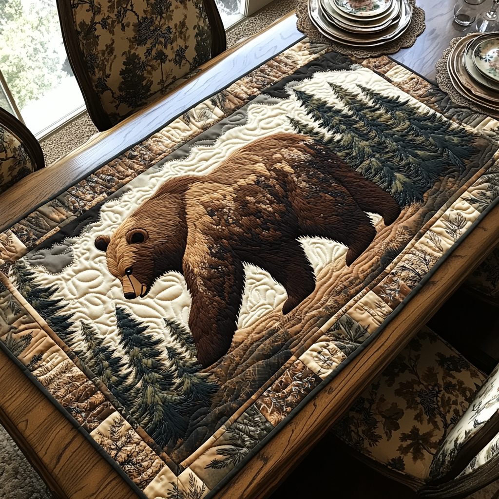 Wild Bear Quilted Table Runner Kitchen Table Decor Gift Ideas For Wildlife Lovers