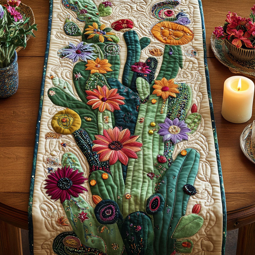 Wild Bloom Quilted Table Runner Dining Decor Cactus For Birthday Gift