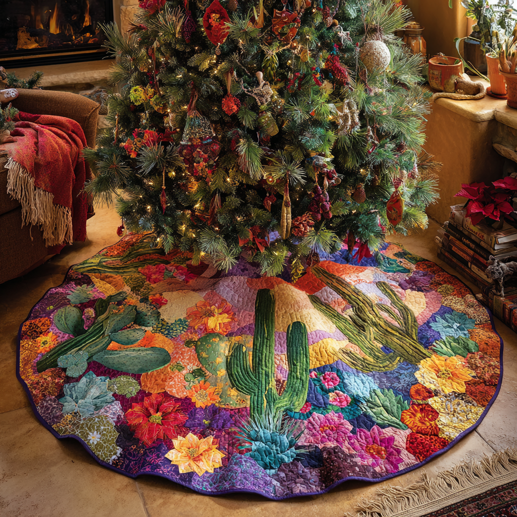 Wild Cactus Christmas Quilted Tree Skirt Premium Quilted Tree Skirt with Holiday Patterns