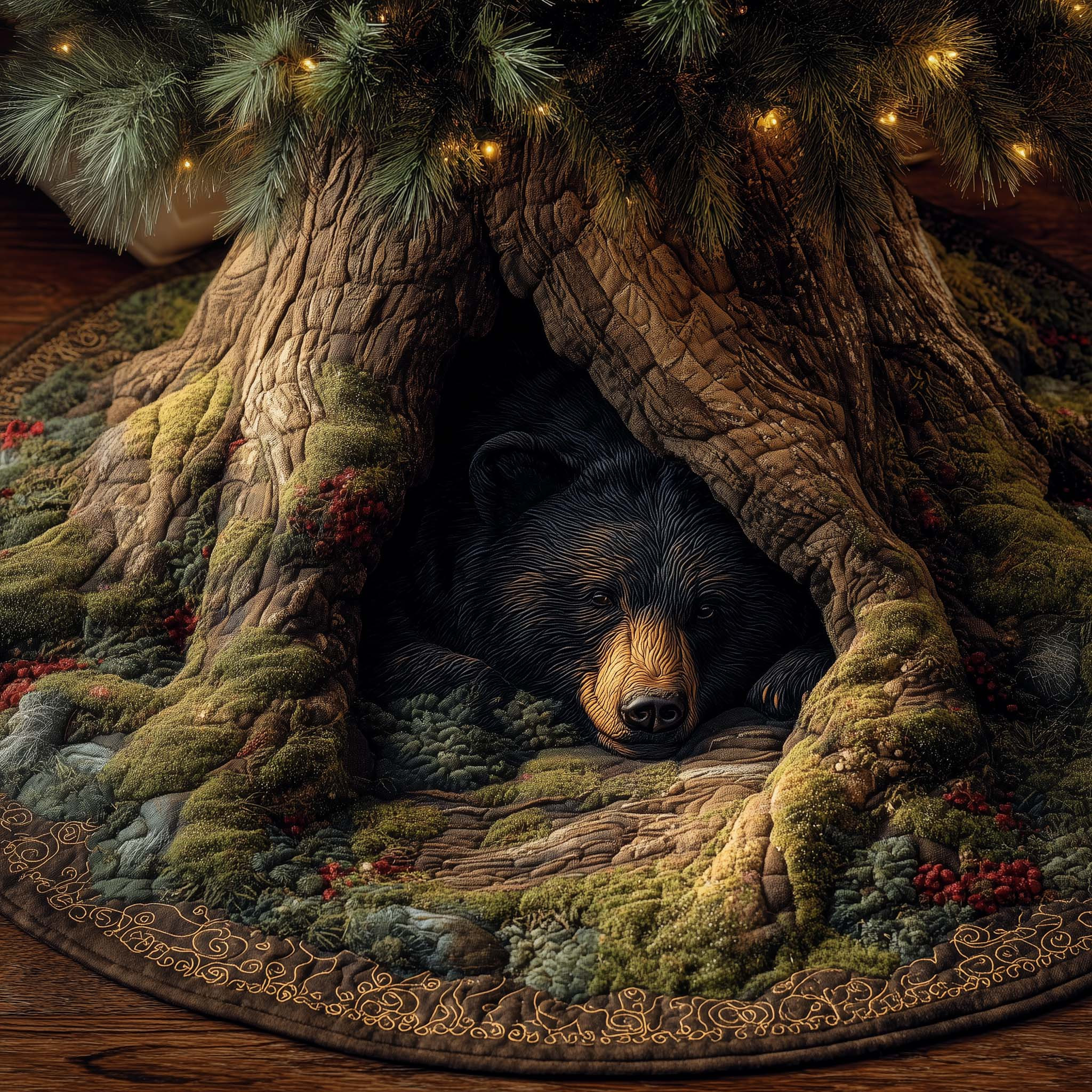 Wild Cozy Woodland Bear Quilted Tree Skirt Xmas Decor Christmas Gifts For Bear Lovers