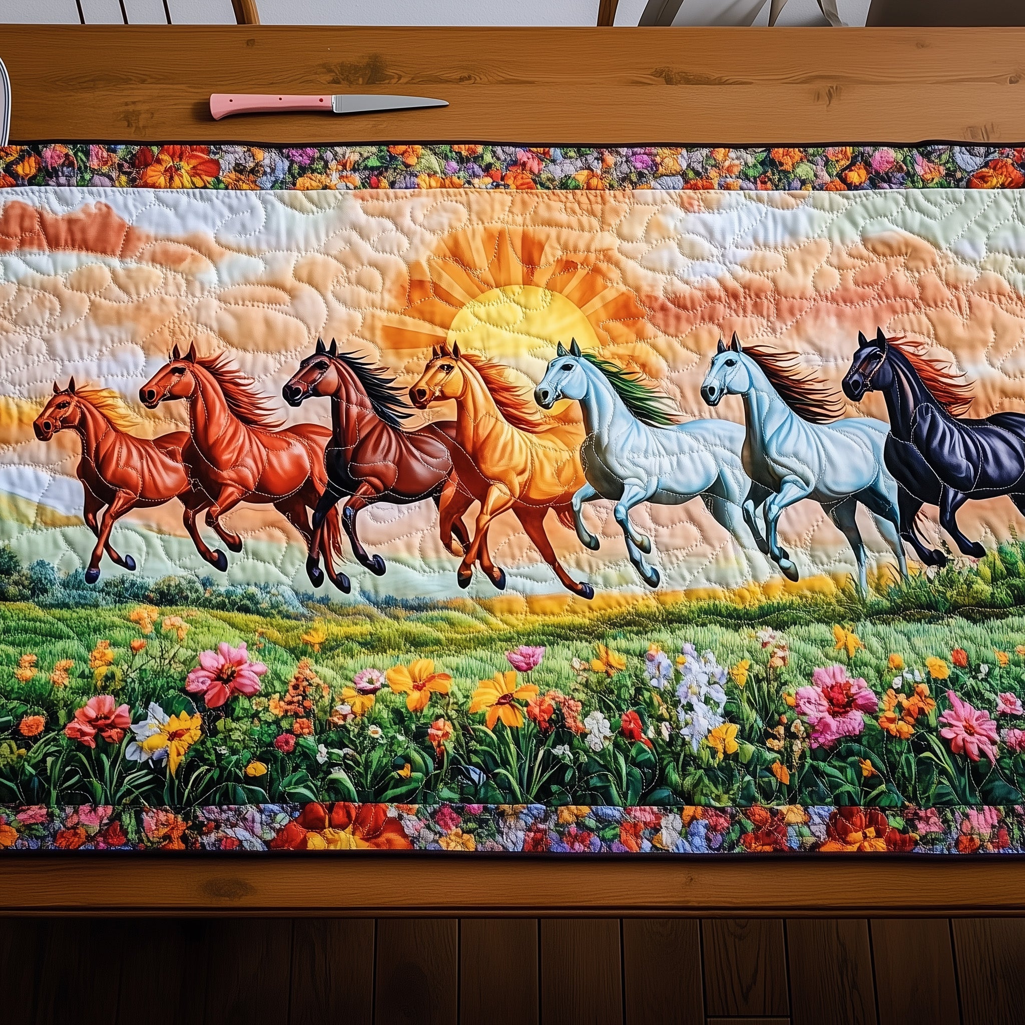 Wild Horse Symphony Quilted Table Runner Cozy Christmas Table Runner