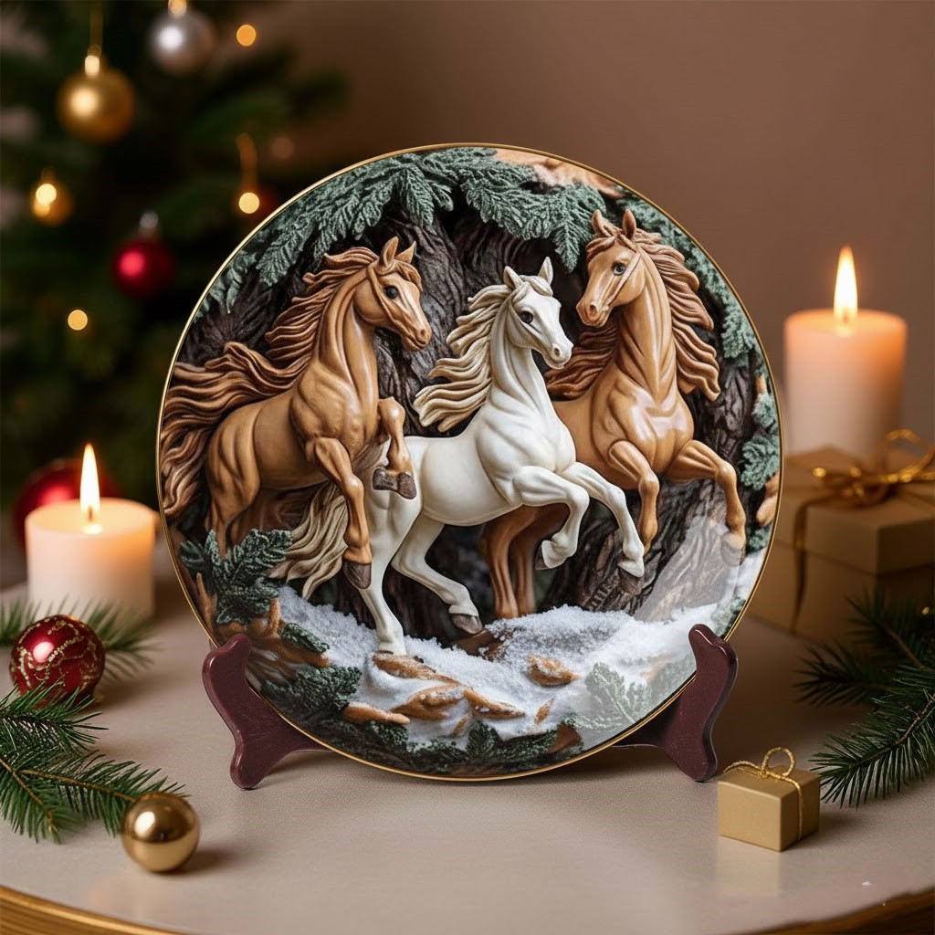 Wild Horses Christmas Ceramic Plate Winter Holiday Home Decorative Present For Horse Lovers