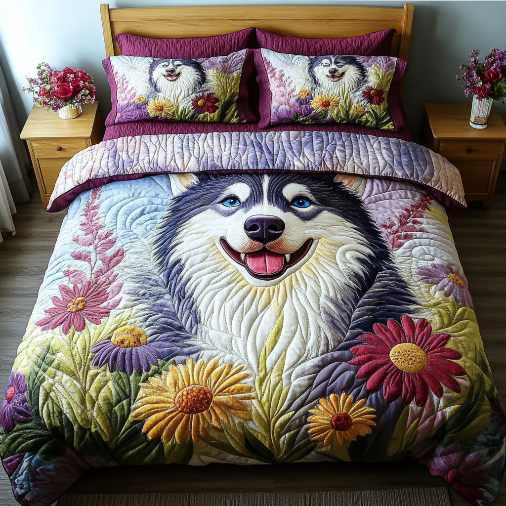 Wild Husky Quilted Bedding Set Holiday Duvet Covers Husky Dog Lover Gifts