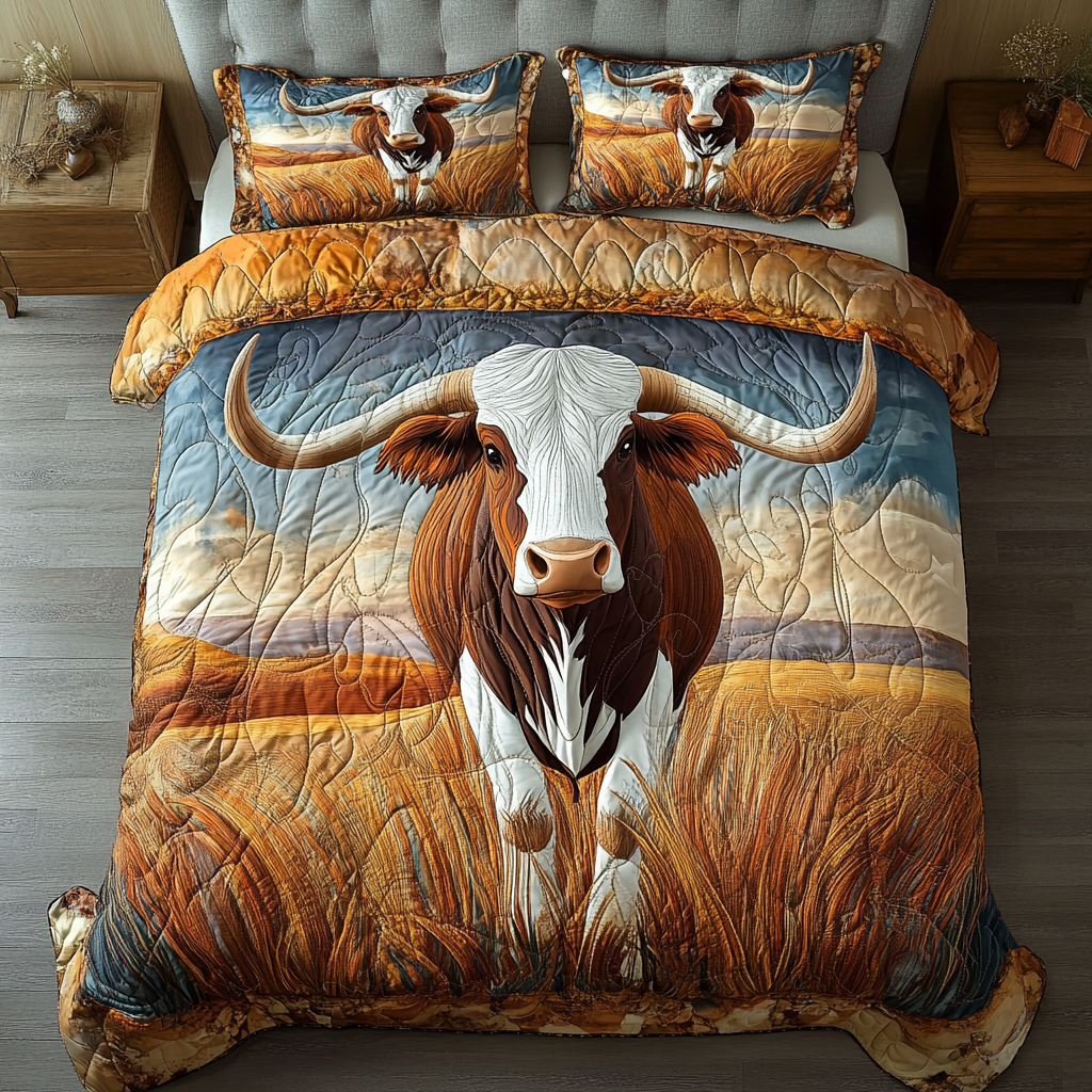 Wild Longhorn Cow Quilted Bedding Set Aesthetic Room Decor Gift Ideas For Cow Lovers