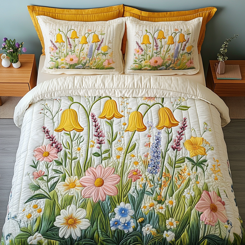Wild Meadow Quilted Bedding Set Cozy Bedroom Decor Flower Daisy Blossom Gifts