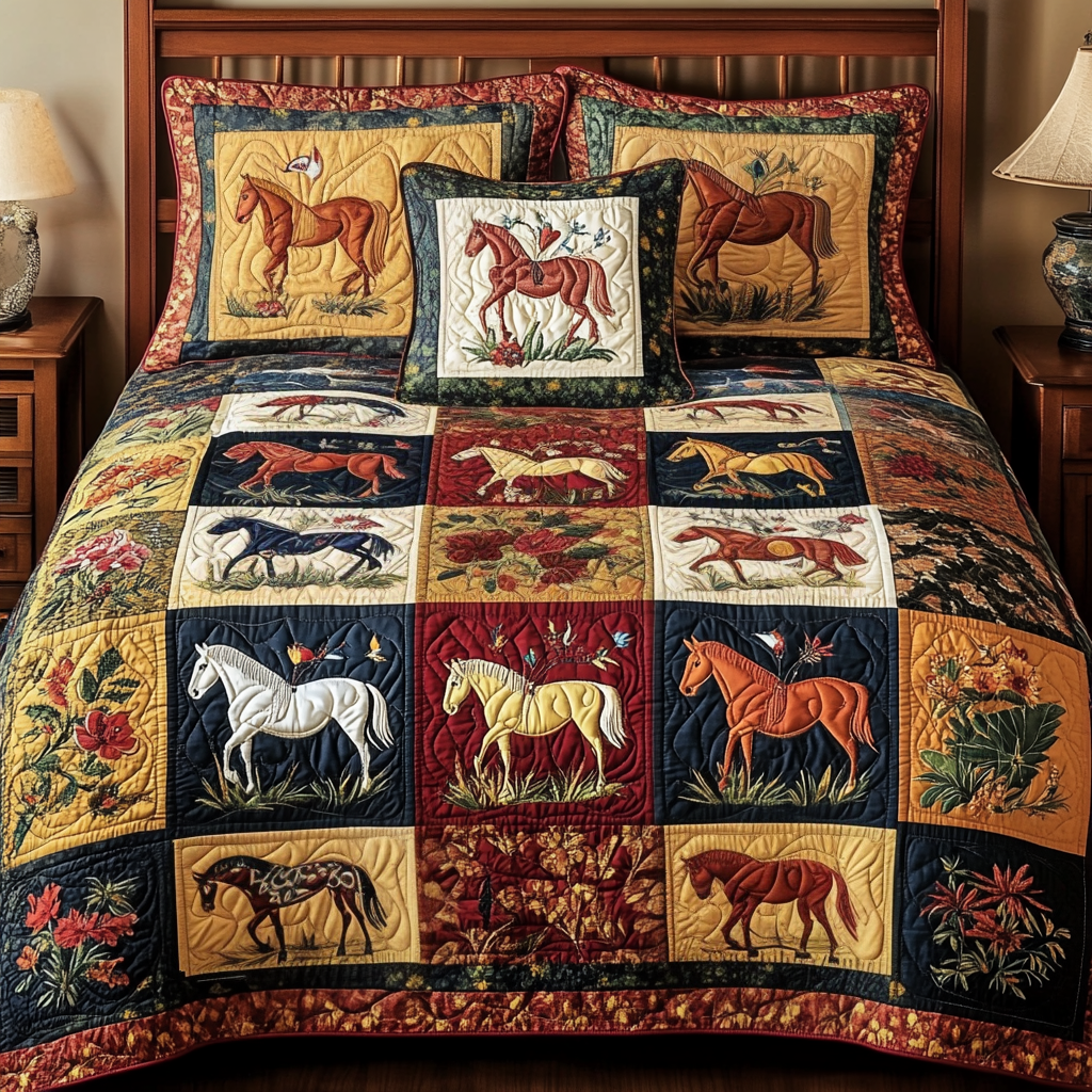 Wild Mustangs Quilted Bedding Set Lightweight Duvet Cover Set for Year-Round Comfort