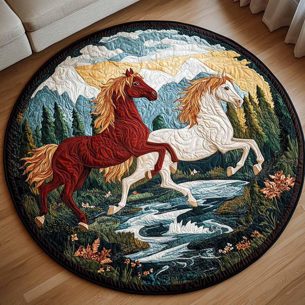 Wild Quilted Round Mat Outdoor Decor Gift For Horse Lover Woman